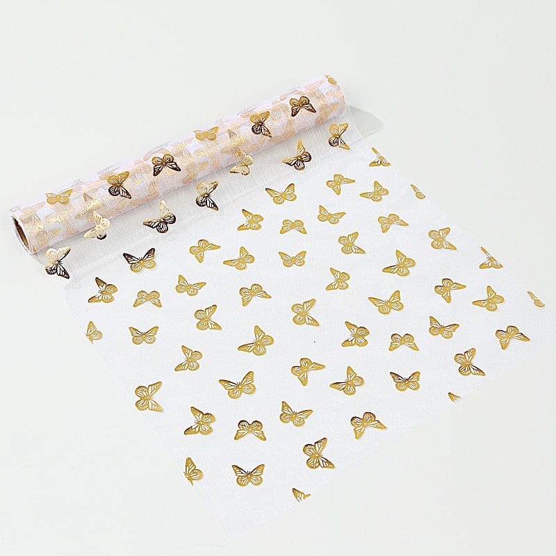 5-Pack White & Gold Sheer Organza Table Runners with Metallic Foil Butterfly Designs - Elegant Wedding, Party, and Home Decor Table Setting Accessories