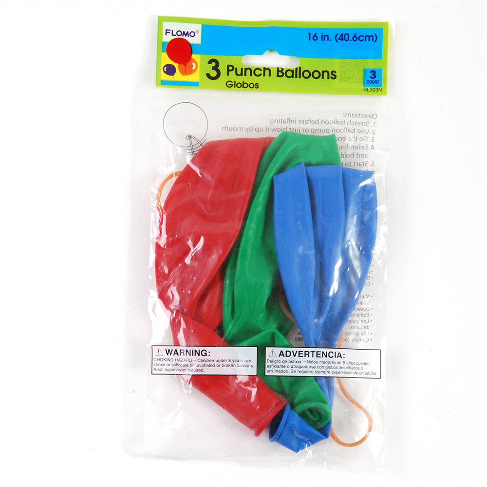 3Ct 8 Grams Punch Balloons - Assorted Colors for Kids Party, Birthday, Carnival & Stress Relief Fun