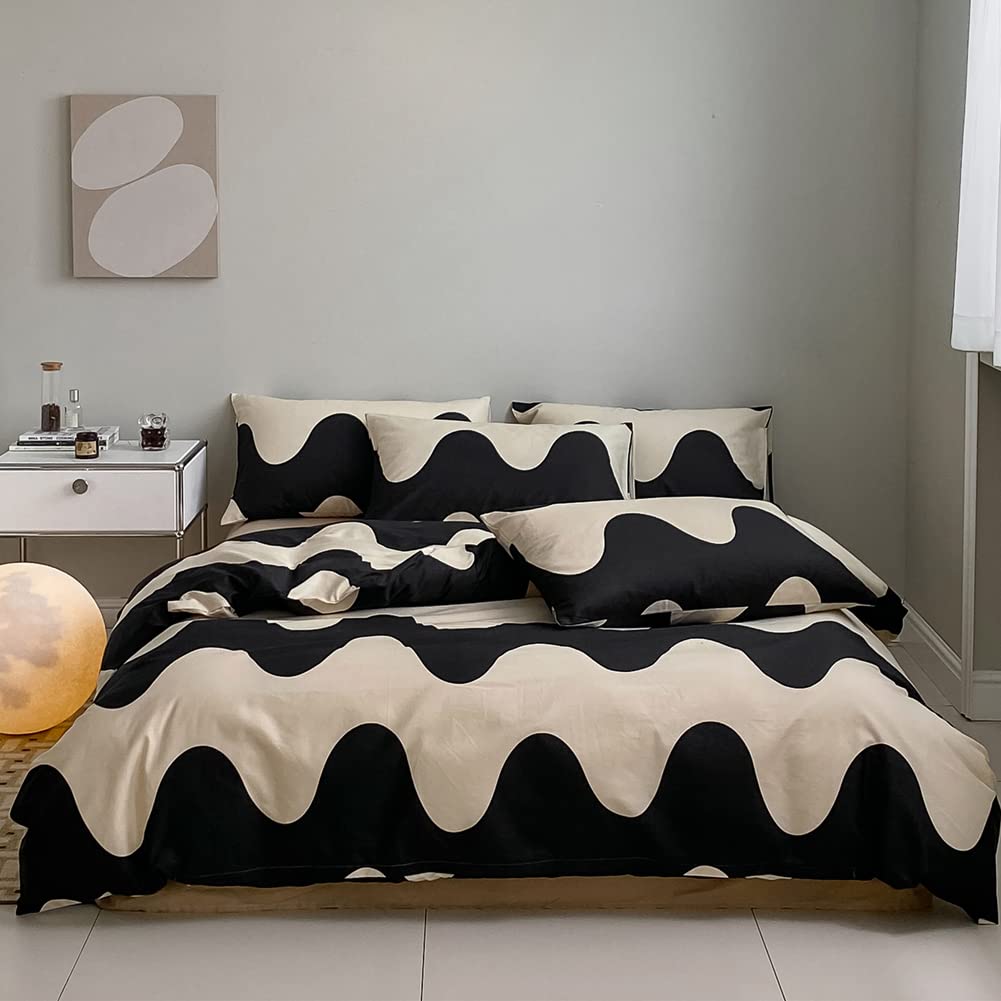Modern Geometric Duvet Cover Set Twin - 100% Cotton Bedding with Cream White Black Cows Pattern - 3 Piece Comforter Cover for Single Bed | Perfect for Kids' Rooms, Guest Bedrooms & Contemporary Home Decor