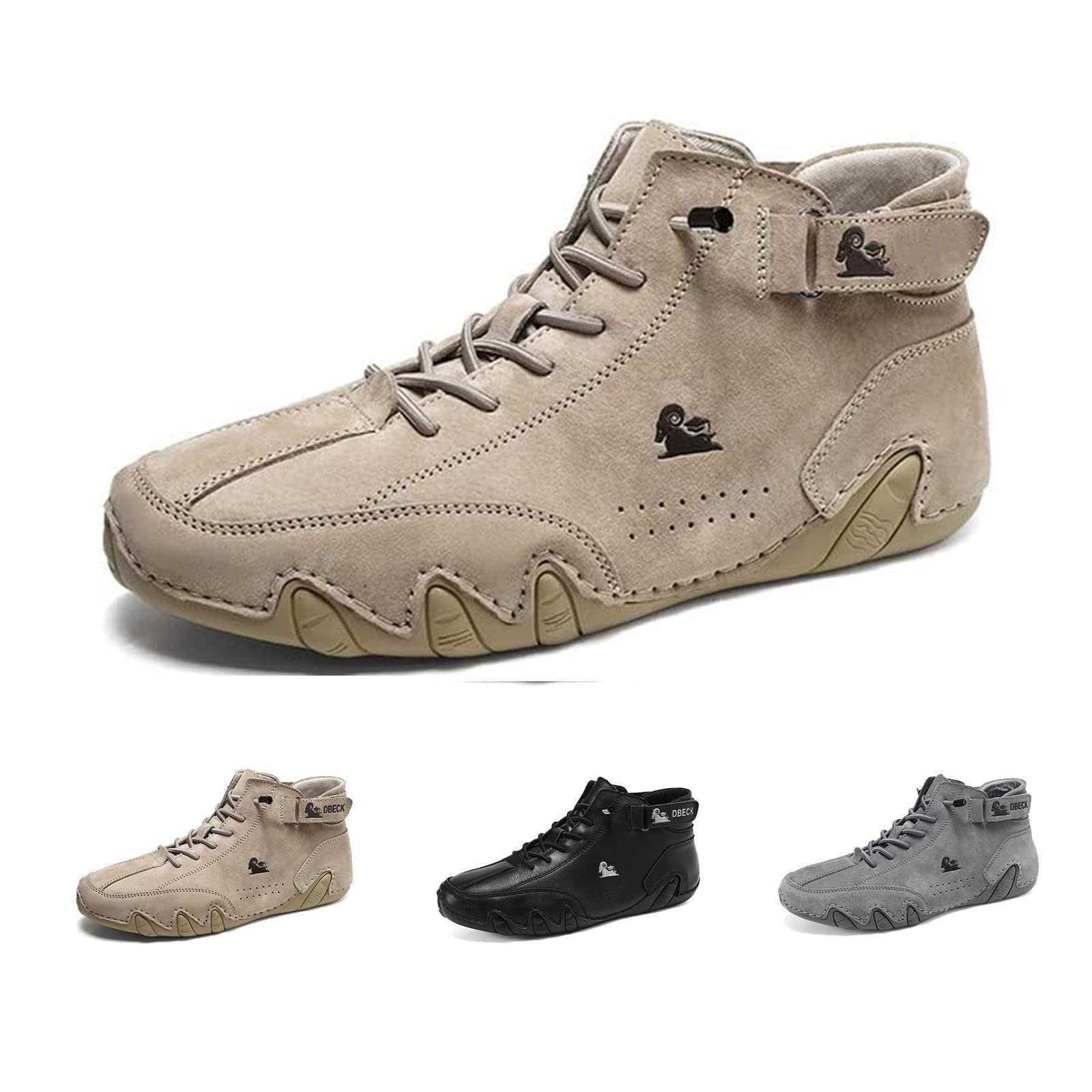 Men's Suede Leather Casual Sneakers - Non-Slip Breathable High Boots for Walking & Outdoor Activities - Plus Size Comfort Shoes (38/US 5.5, Khaki) - Perfect for Daily Wear, Travel & Casual Outings
