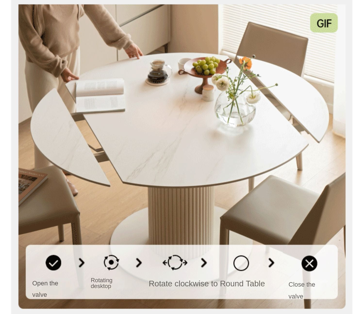 Solid Oak Wood Round Extendable Dining Table with Rock Plate Design - Cream Finish for Modern Dining Room & Kitchen Decor
