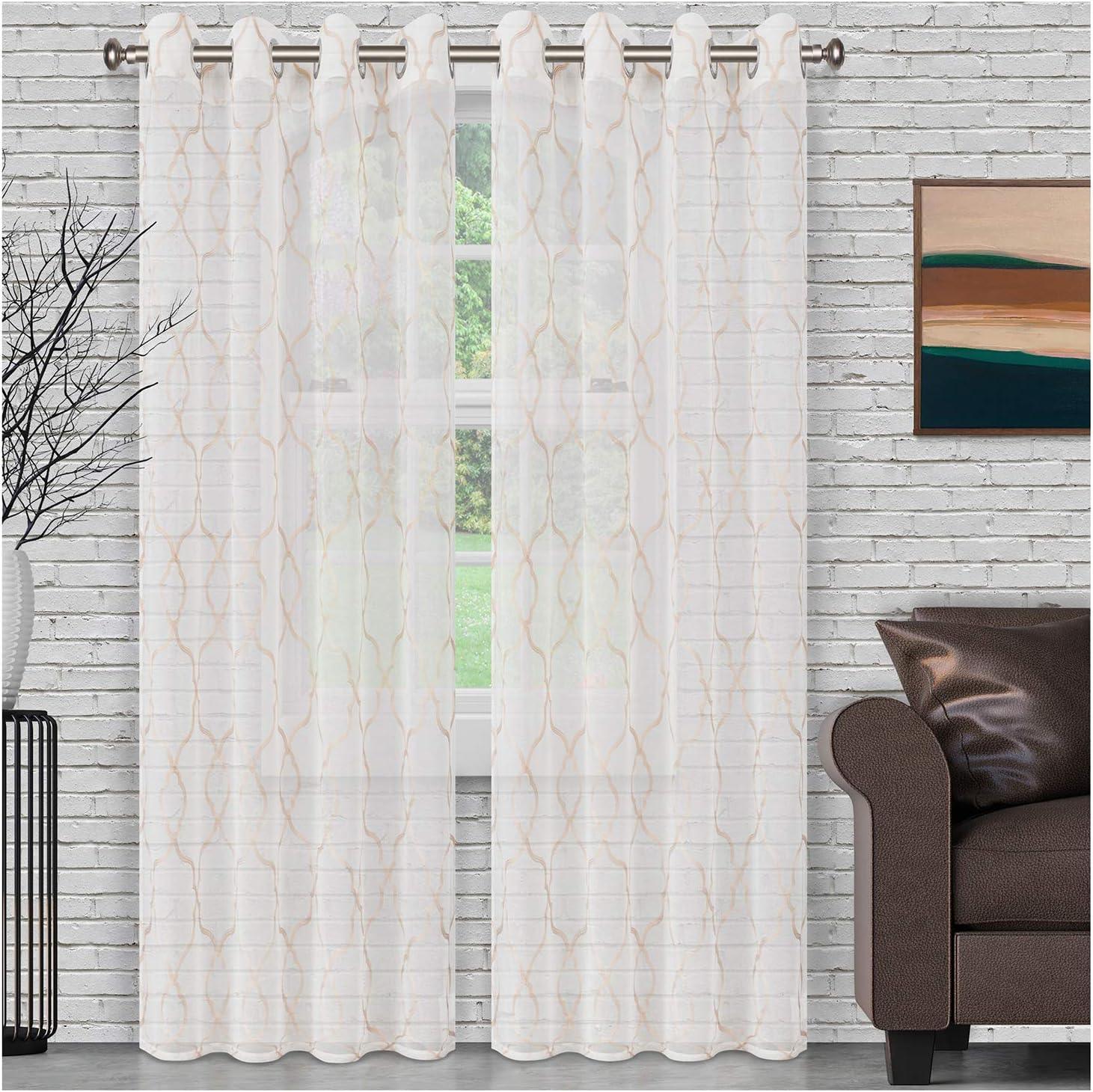 Embroidered Lattice Grommet Sheer Curtain Panel Set - Elegant Window Treatment for Living Room & Bedroom - Light Filtering & Privacy Sheers
