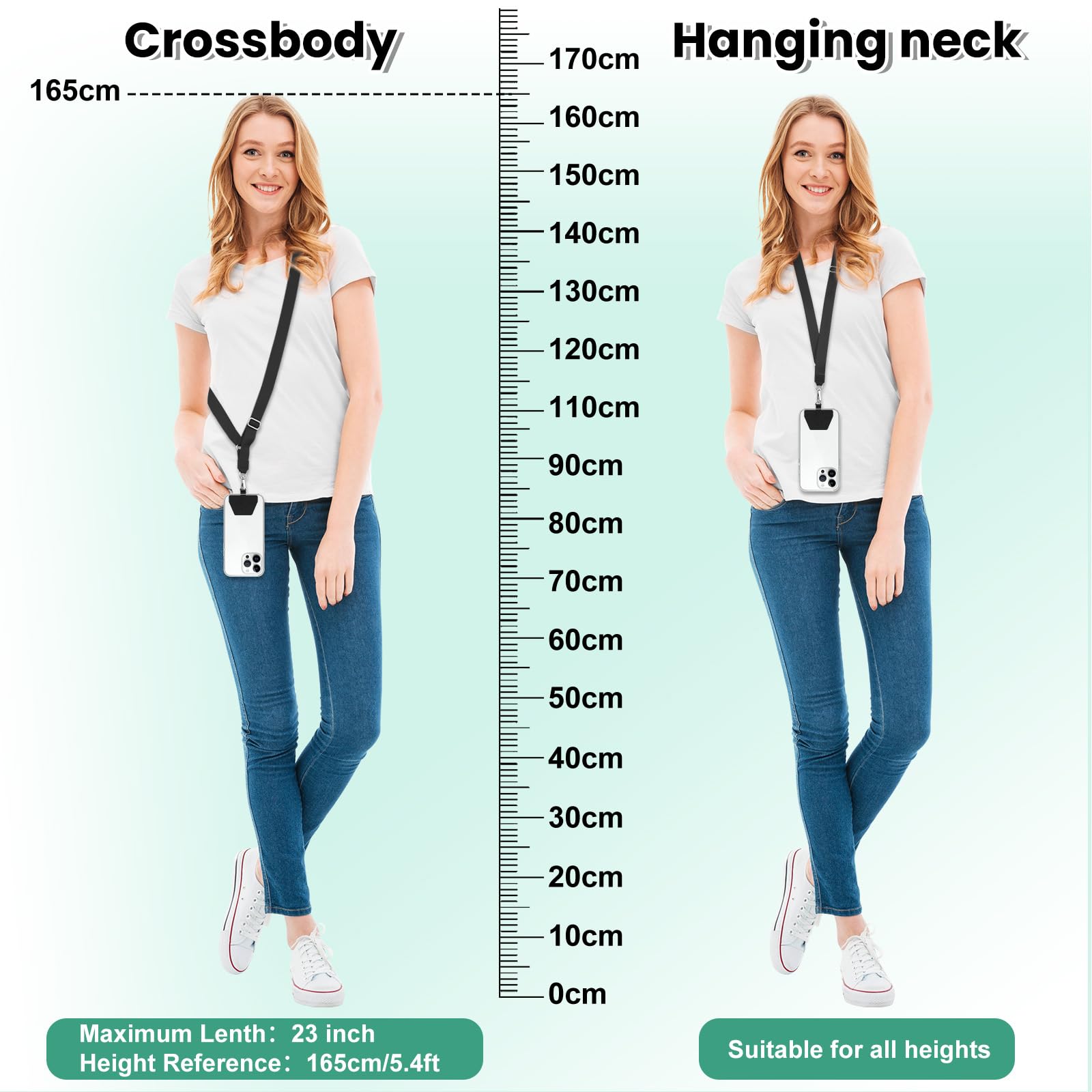 Adjustable Phone Lanyard Neck & Wrist Strap with 4 Patches - for Smartphones (Black) - Perfect for Work & Travel