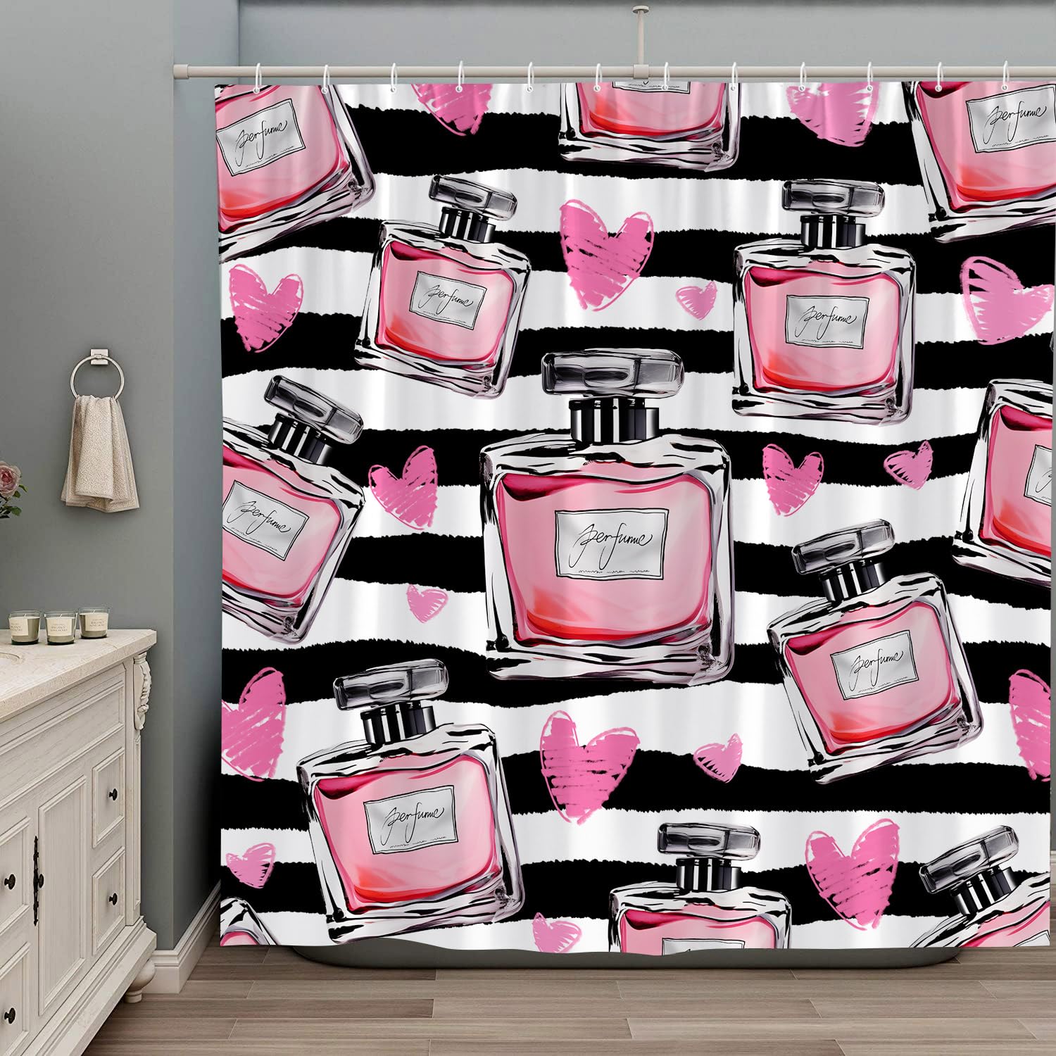 Valentine's Day Shower Curtain - Black & White Perfume Bottle Design with Pink Accents, Modern Romantic Bathroom Decor, 70x70 Inches Polyester with Hooks - Perfect for Couples' Bathrooms, Bridal Showers & Anniversary Gifts