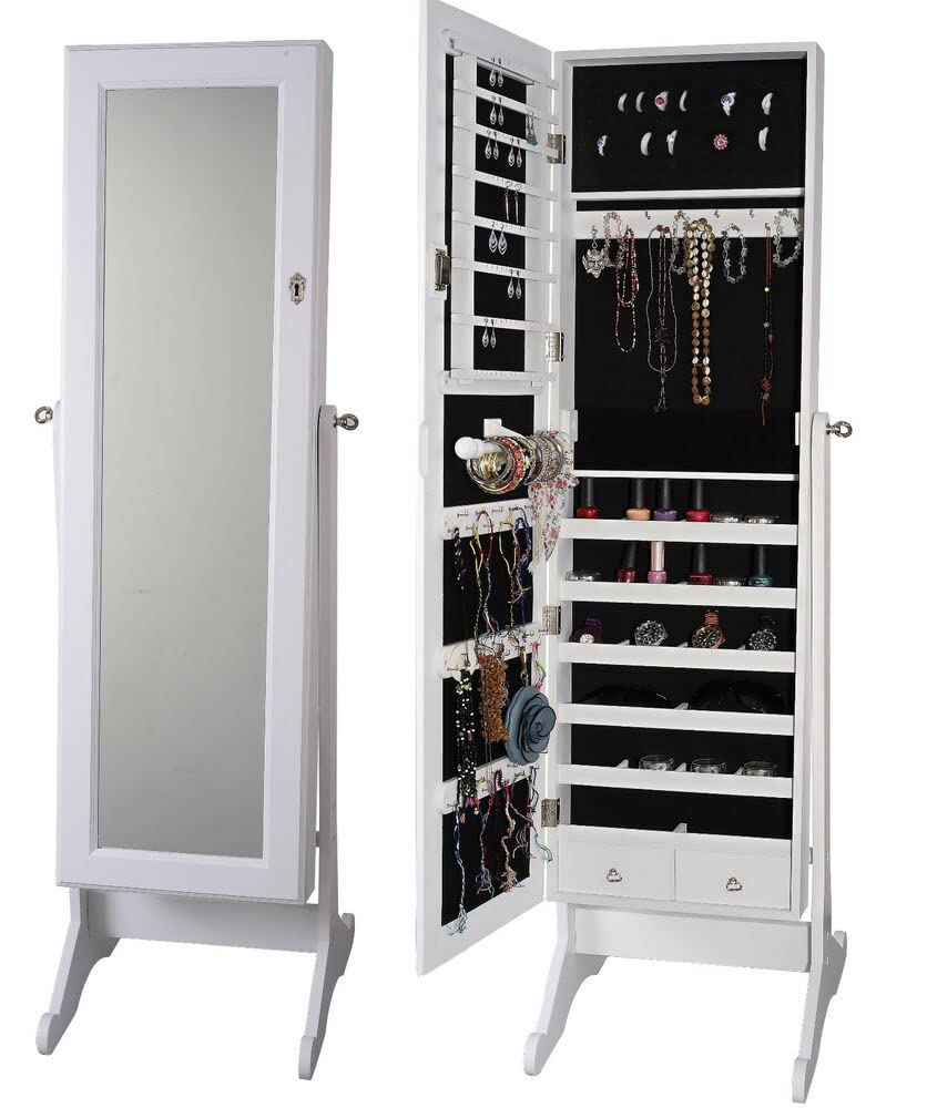 Large Jewelry Stand Armoire with Mirror - White Cheval Storage Cabinet with Lock for Necklaces, Rings & Bracelets - Perfect for Bedroom, Closet & Dressing Room Organization
