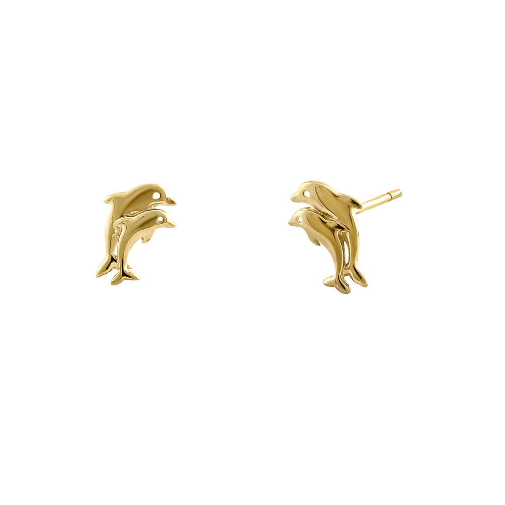 14K Solid Yellow Gold Twin Dolphin Stud Earrings - Perfect for Beach Vacations, Summer Parties & Ocean Lover Gifts