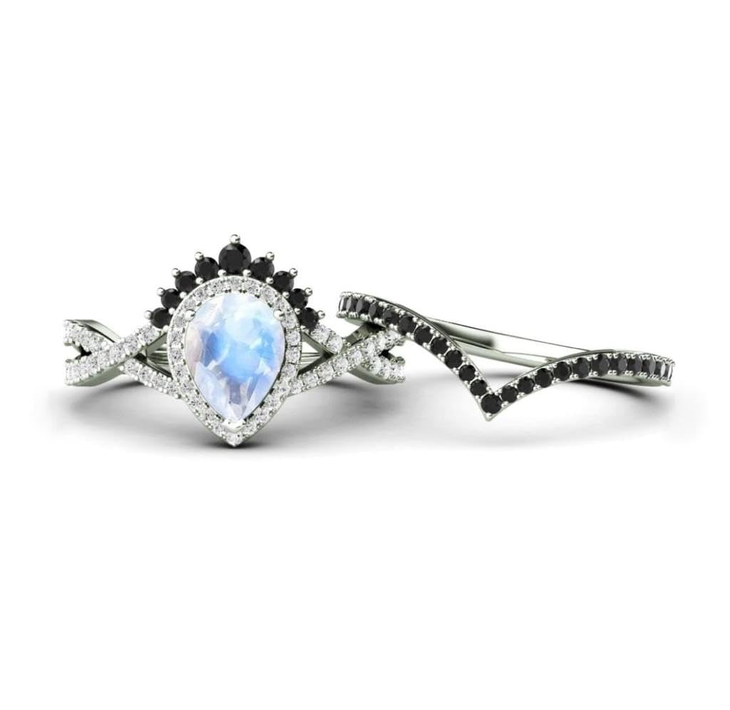 925 Sterling Silver Pear Shape Blue Moonstone Engagement Ring Set for Women - Wedding, Anniversary, Promise Ring - White Gold Plated, Size 5.5 - Perfect for Proposals, Bridal Jewelry & Special Occasions