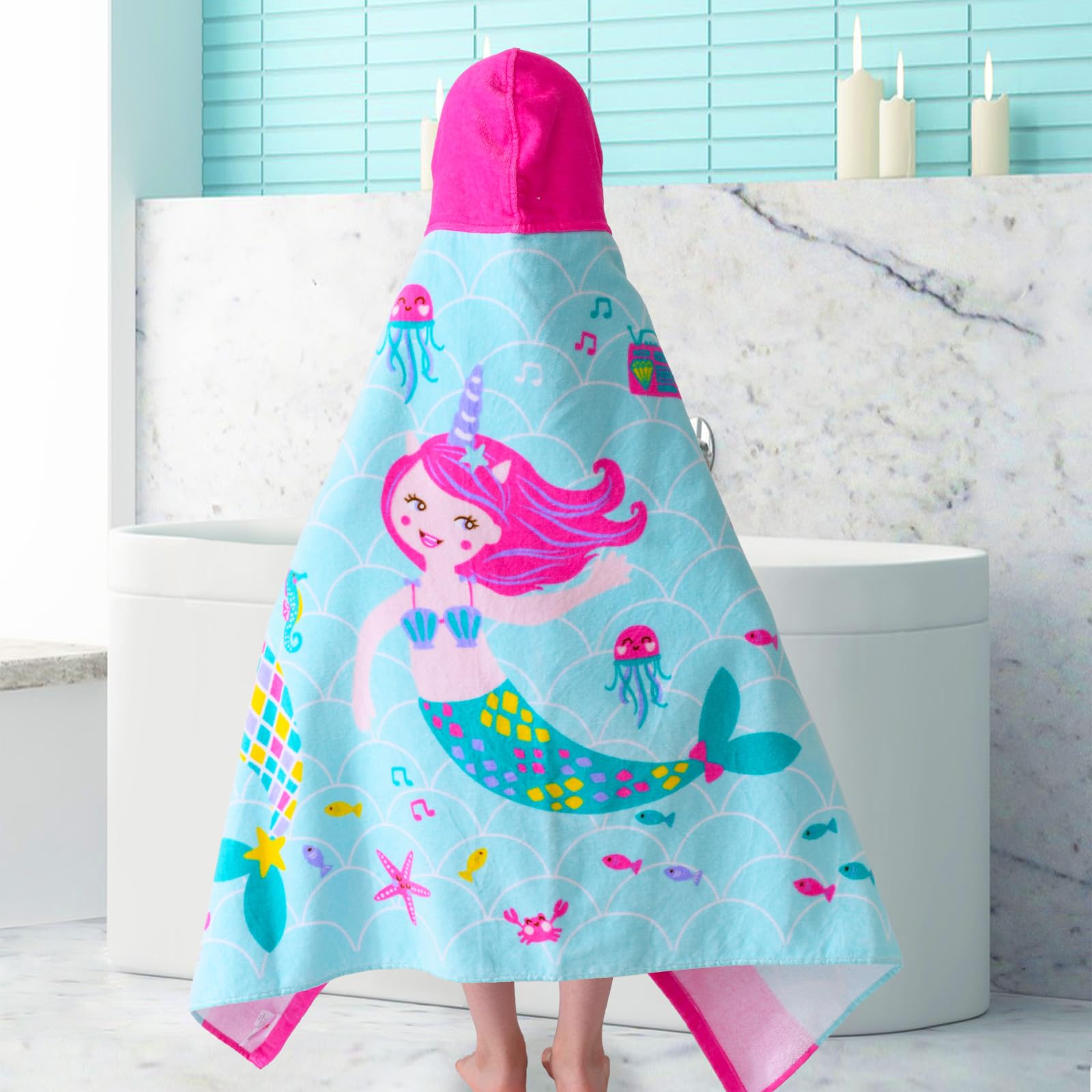 VOOVA & MOVAS 2-Piece Kids Hooded Towel Set | 30''x50'' Oversized Bath Towels with Hood & Cotton Bathrobe for Toddlers 3T-10 Years | Mermaid Theme for Swimming, Beach, Birthday Gifts & Baby Shower