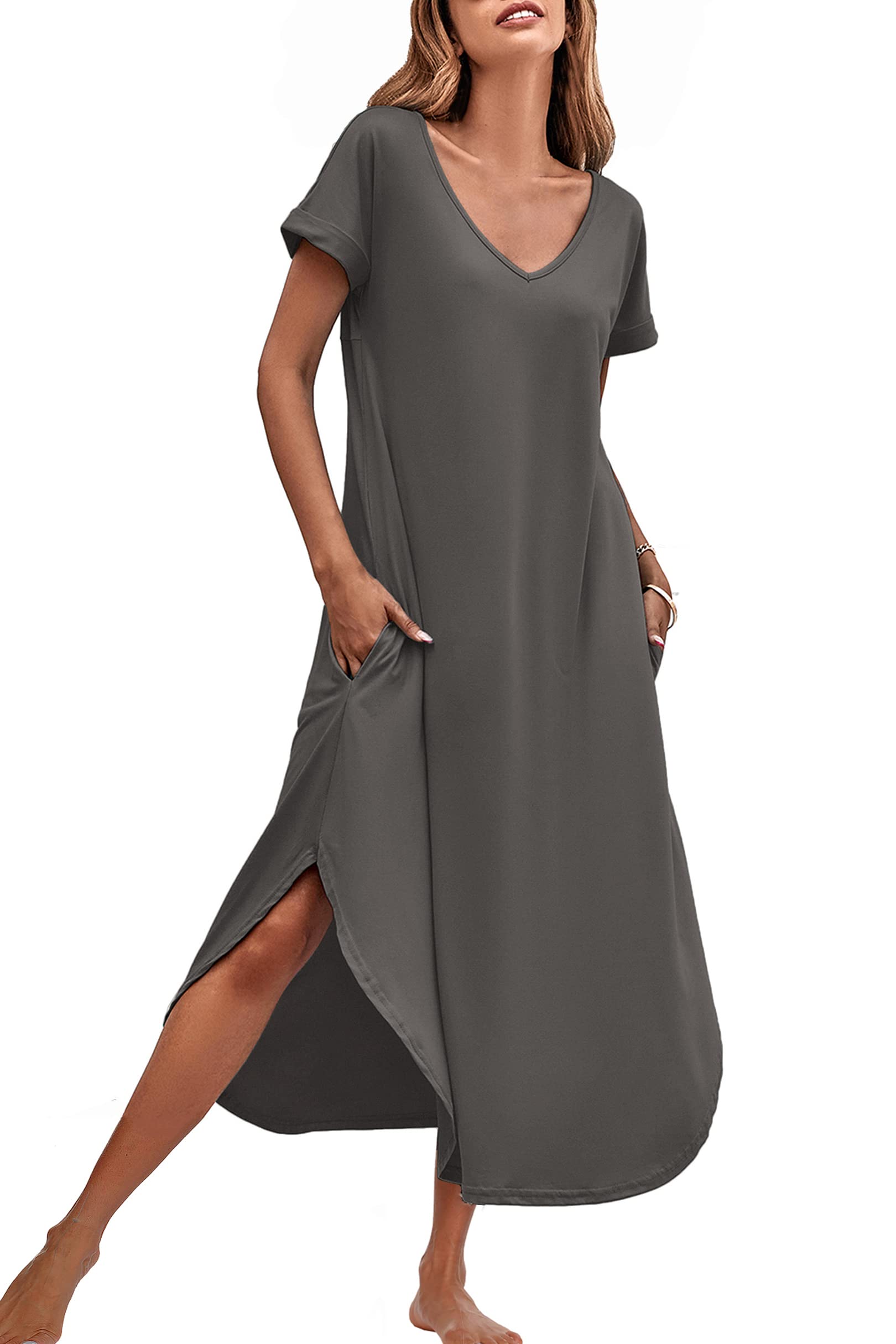 Ekouaer Women's V-Neck Nightgown - Soft Short Sleeve Sleepwear with Side Split Pockets, Long Nightdress Sizes S-3XL | Perfect for Relaxing at Home, Lounging & Comfortable Sleep