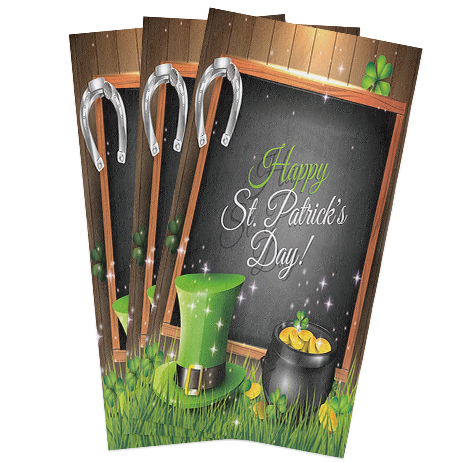 Irish Leprechaun Shamrock Kitchen Towels 3 Pack - Soft Absorbent Cotton for Dish Drying, Bar & Bathroom