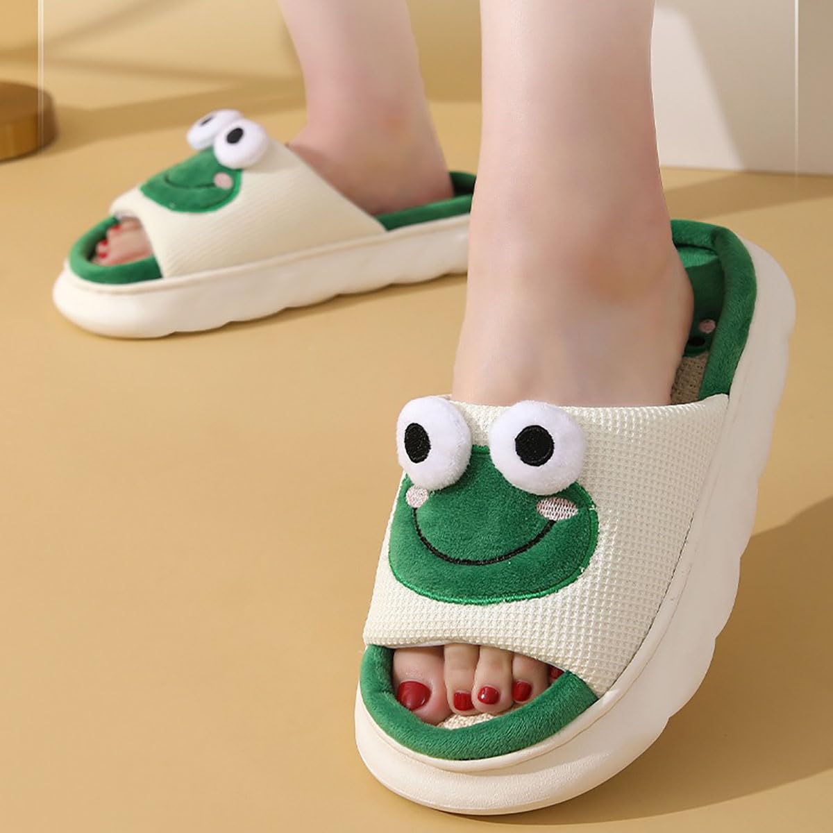 Women's Cow Print Slippers - Cute Cartoon Frog House Shoes - All Season Indoor Non-Slip Linen Slippers for Women - Cozy Home Wear, Perfect for Lounge, Bedroom & Gift Giving