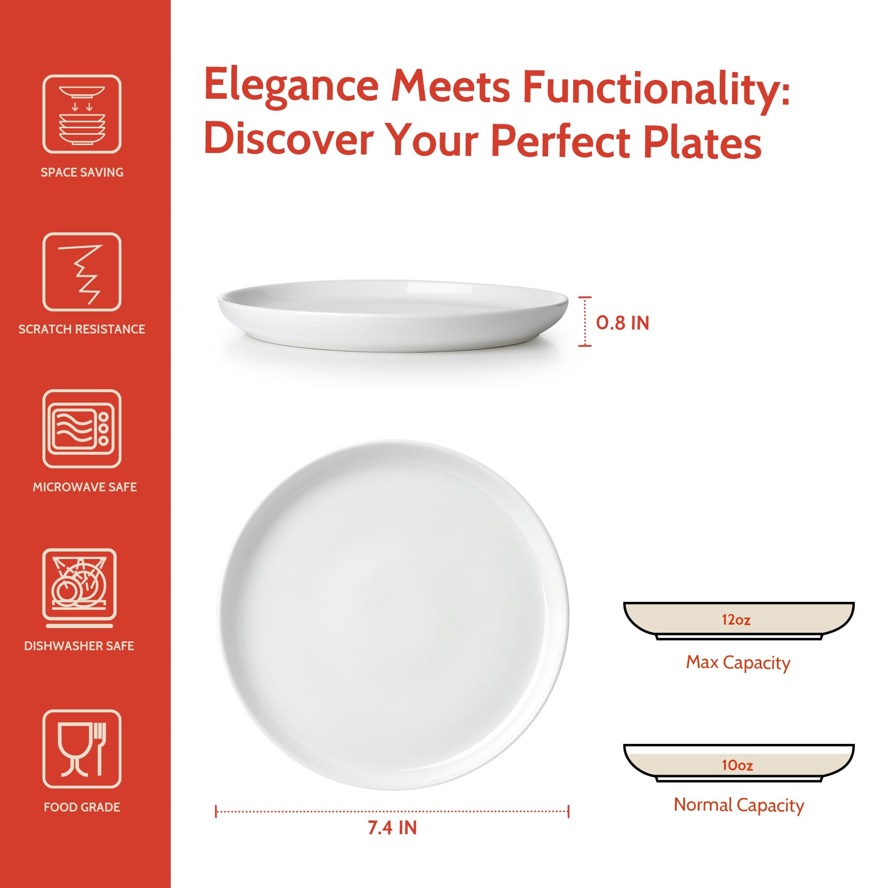 Sweese Porcelain 7.4 Inch Dessert Plates Set of 6 - White Modern Salad & Appetizer Plates - Dishwasher, Microwave & Oven Safe - Scratch Resistant Smooth Glaze - Perfect for Dinner Parties, Weddings & Home Decor