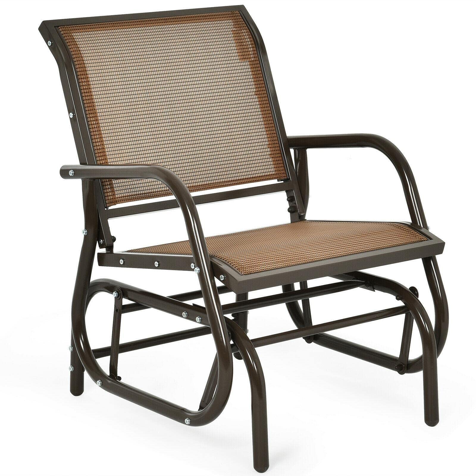 Outdoor Single Swing Glider Rocking Chair with Armrest - Brown Garden Porch Backyard Rocker Recliner for Relaxing, Camping & Patio Use