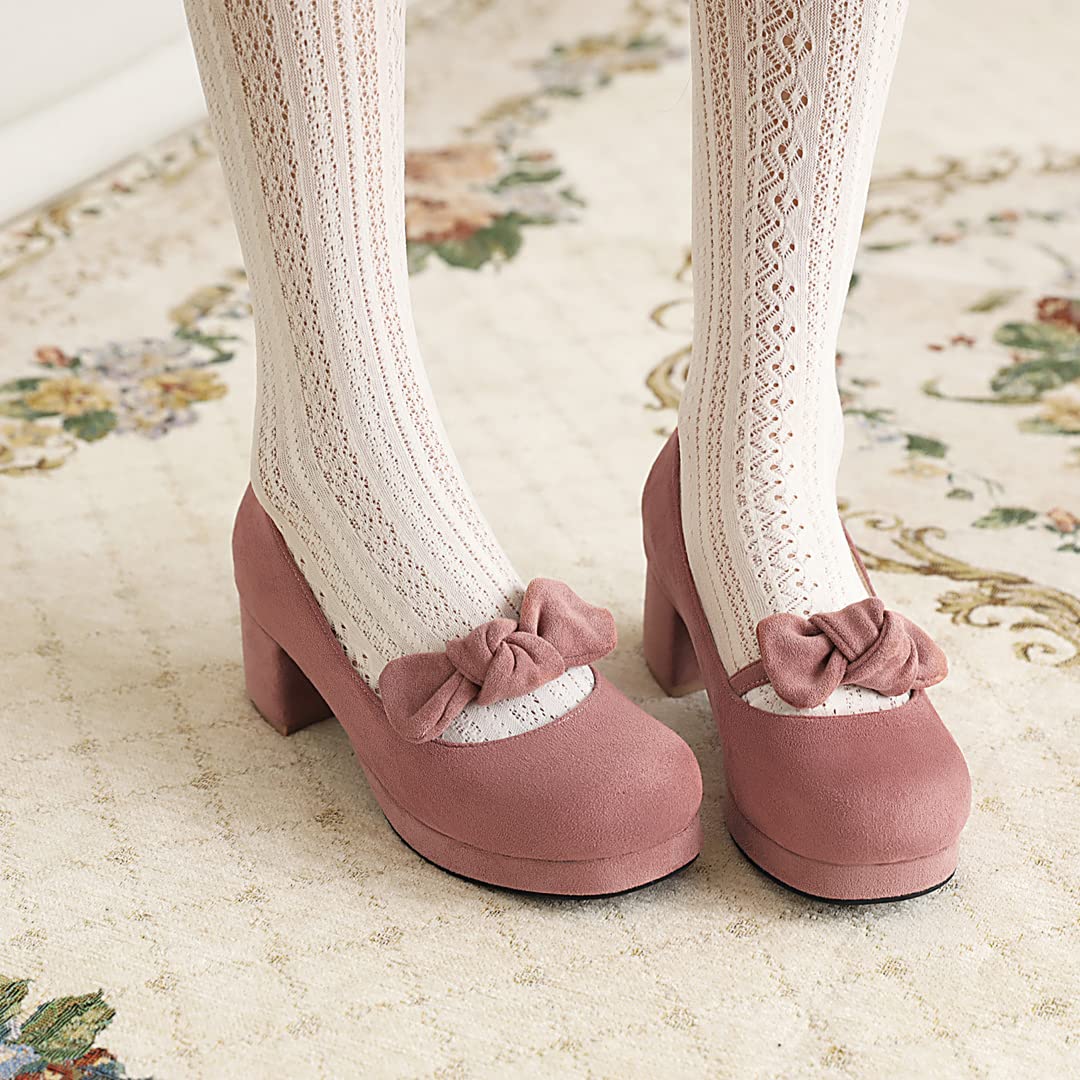 SO SIMPOK Women's Cute Kawaii Lolita Shoes - Suede Bow Mary Jane Pumps with Slip-on Platform for Casual Wear, Cosplay & Vintage Fashion Outfits