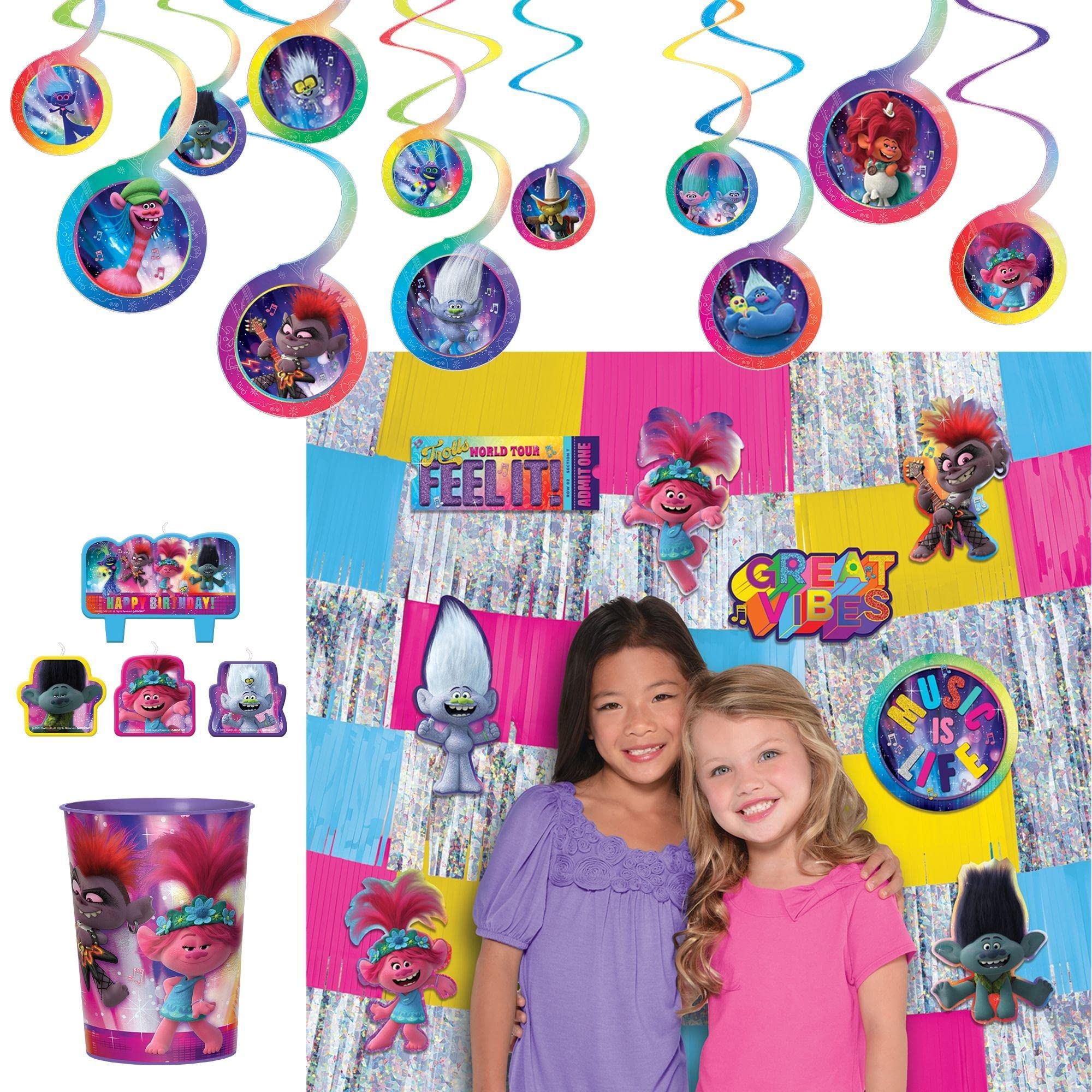 Party City Trolls World Tour Room Decorations - Colorful Swirls with Cutouts & Fringe Backdrop for Kids Birthday Party Decor