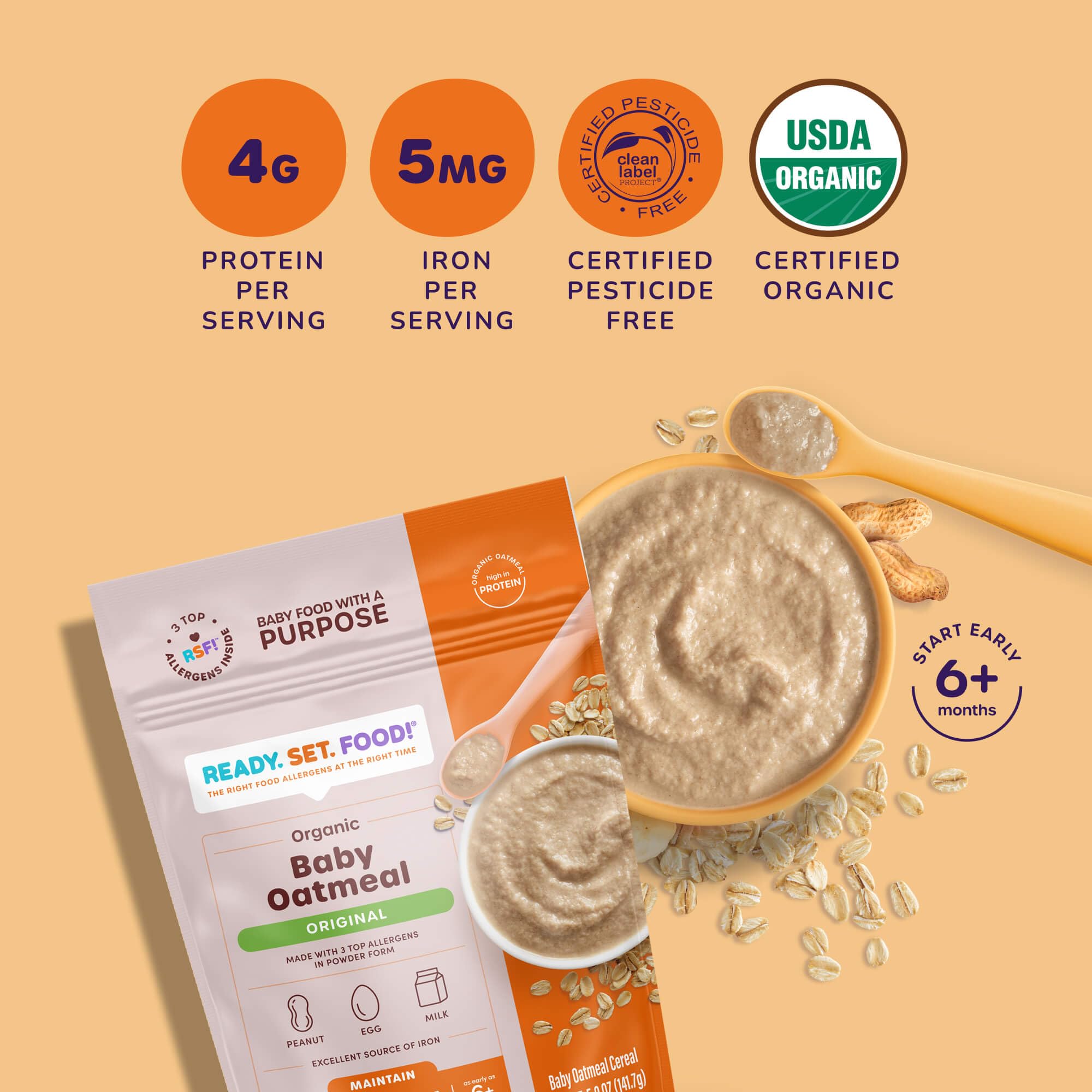 Organic Baby Oatmeal Cereal with Peanut, Egg & Milk - Early Allergen Introduction for Babies 6+ Months | Non-GMO, Gluten-Free Infant Food | Perfect for First Foods & Weaning | 2-Pack Variety Box