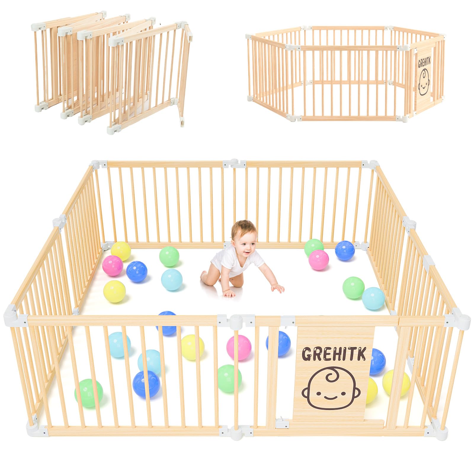 Foldable Wooden Baby Playpen with Locking Door - Adjustable Shape & Size Safety Play Yard for Babies & Toddlers - Perfect for Indoor Play Areas, Daycare Centers & Home Childproofing