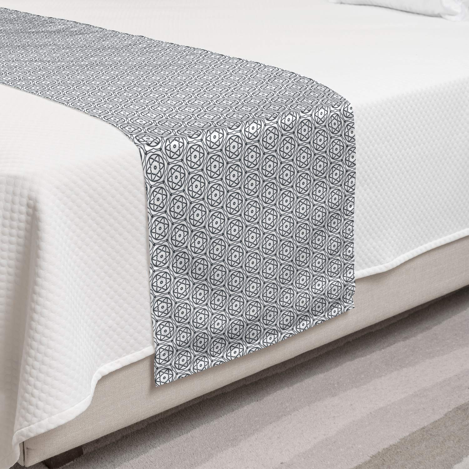 Ambesonne Abstract Bed Runner with Monochrome Floral Squares - Decorative Bed Scarf for Twin Beds in White & Dark Slate Blue | Perfect for Hotels, Homes & Guest Rooms - Adds Elegance to Bedroom Decor