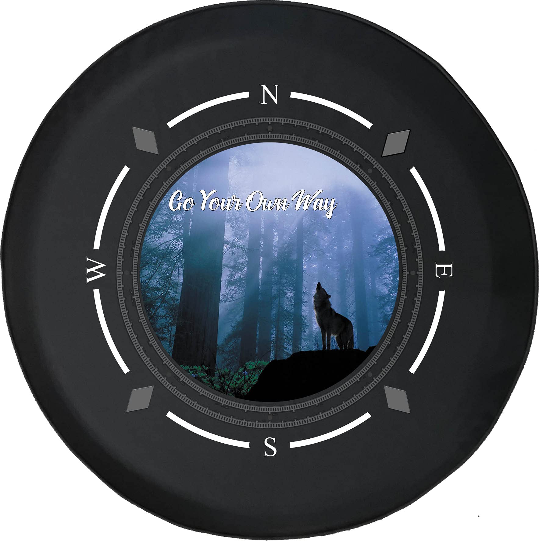 Premium American Unlimited Spare Tire Cover with Compass Design - 'Go Your Own Way' Lone Wolf Howling Pattern - Universal Fit for SUVs, Trailers, RVs & Most Vehicles - Durable Outdoor Accessory for Camping, Road Trips & Off-Road Adventures