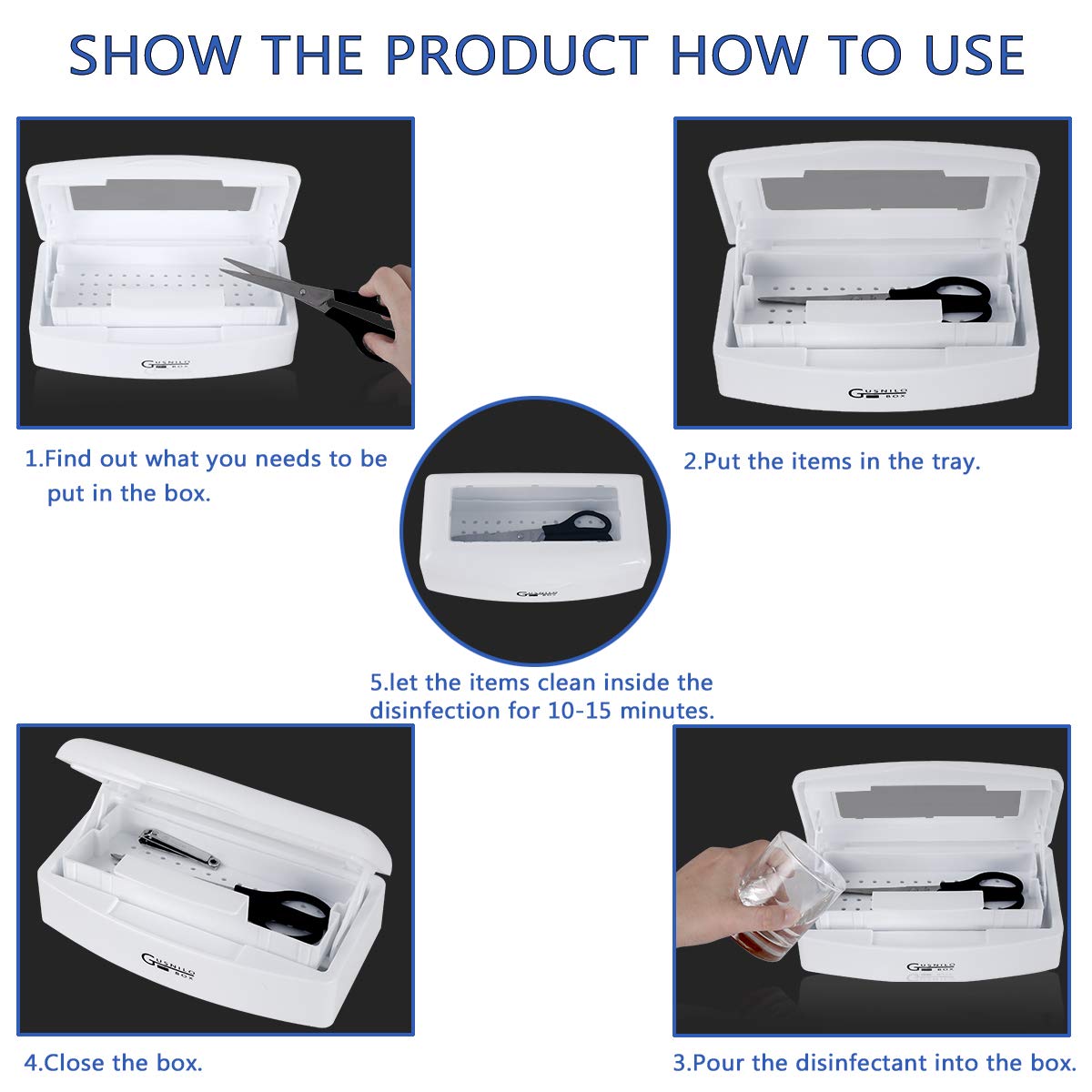 Gusnilo UV Sanitizing Tray for Nail Tools - Disinfectant Sterilizer Box with Clear Lid for Salon, Spa & Home Use - Plastic Sanitation Container for Nail Clippers, Scissors & Beauty Tools (White) - Perfect for Salon Hygiene & Personal Care Organization