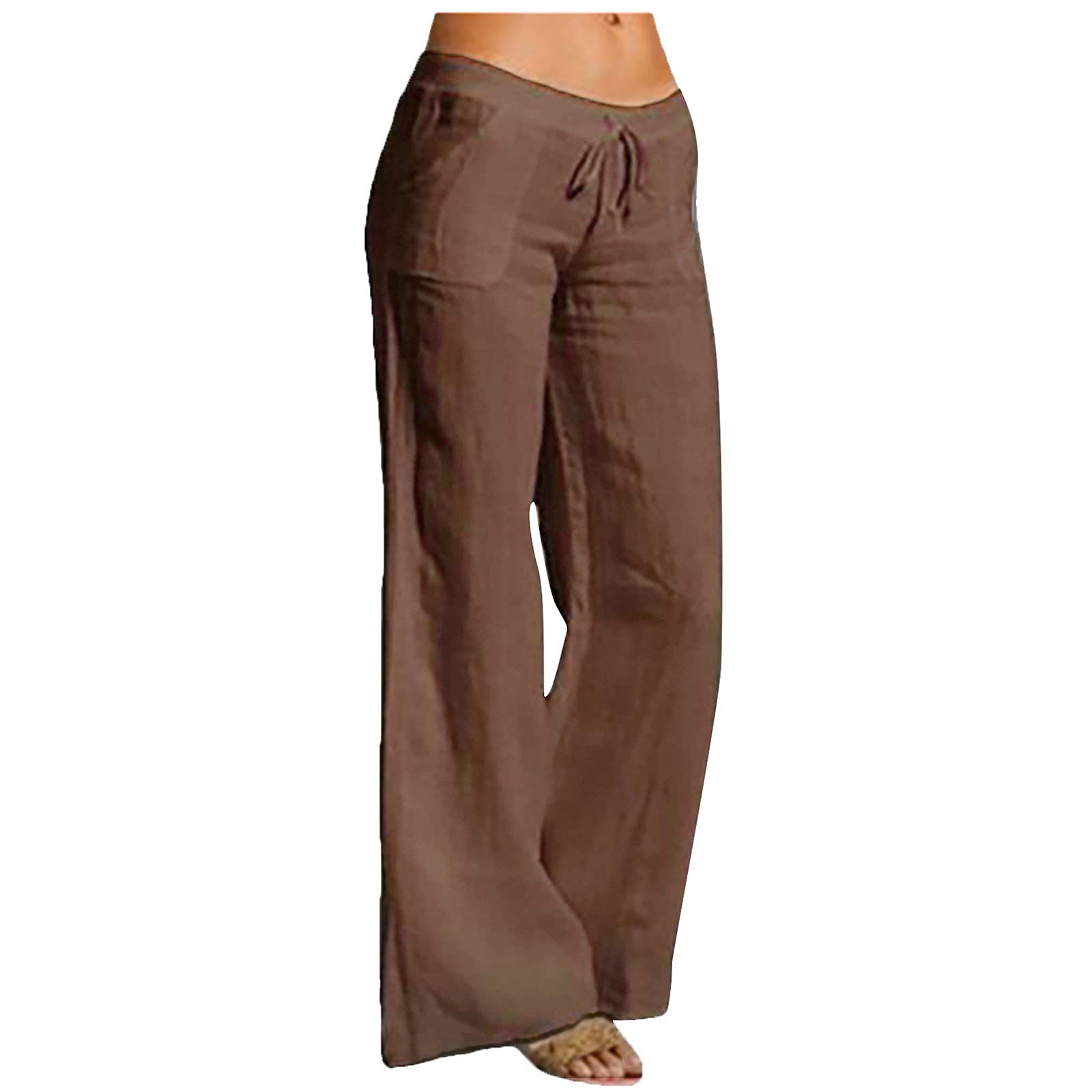Women's Cotton Linen Casual Pants - Solid Color Low Waist Drawstring Elastic Flare Leg Lounge Pants for Summer, Travel & Yoga