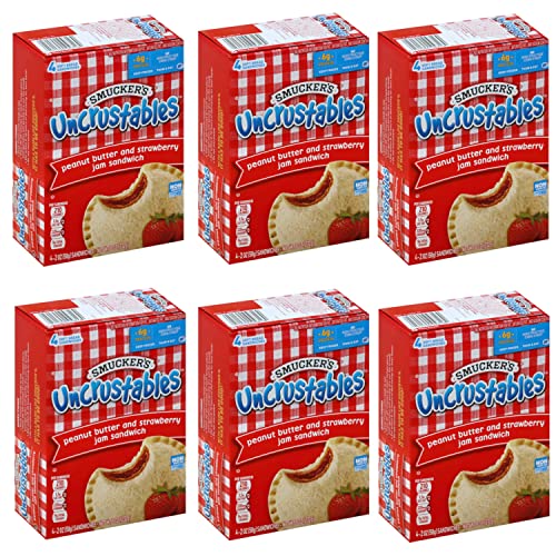 Smucker's Uncrustables Peanut Butter & Strawberry Jam Sandwiches - 6 Pack (4 Soft Bread Sandwiches per Pack) - No High Fructose Corn Syrup - Ready to Eat - Perfect for School Lunches, Picnics & On-the-Go Snacks