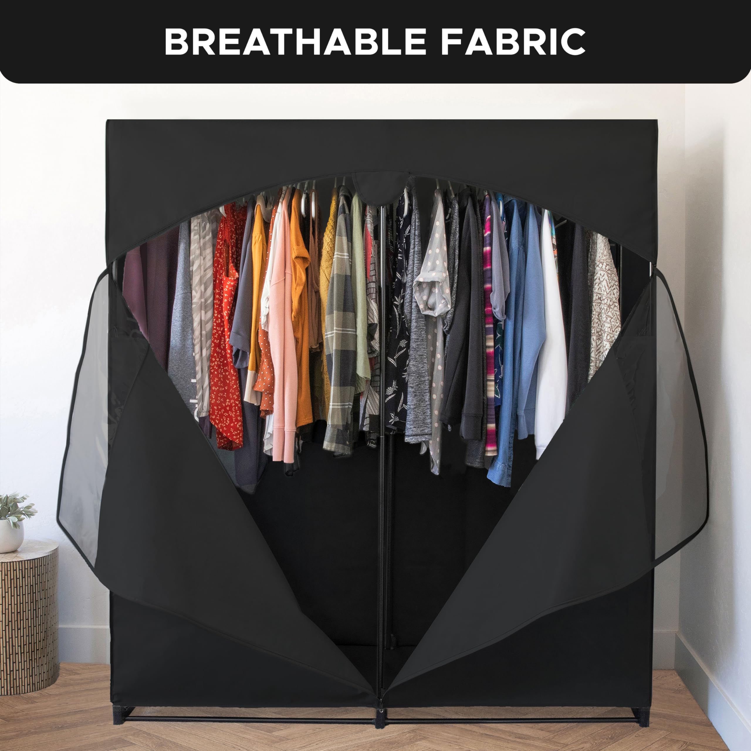 Premium Heavy Duty Portable Wardrobe Closet with Metal Hanging Rod & Black Cover - 50 lb Capacity - Easy No-Tool Assembly - Perfect for Travel, Camping, Dorm Rooms & Temporary Storage