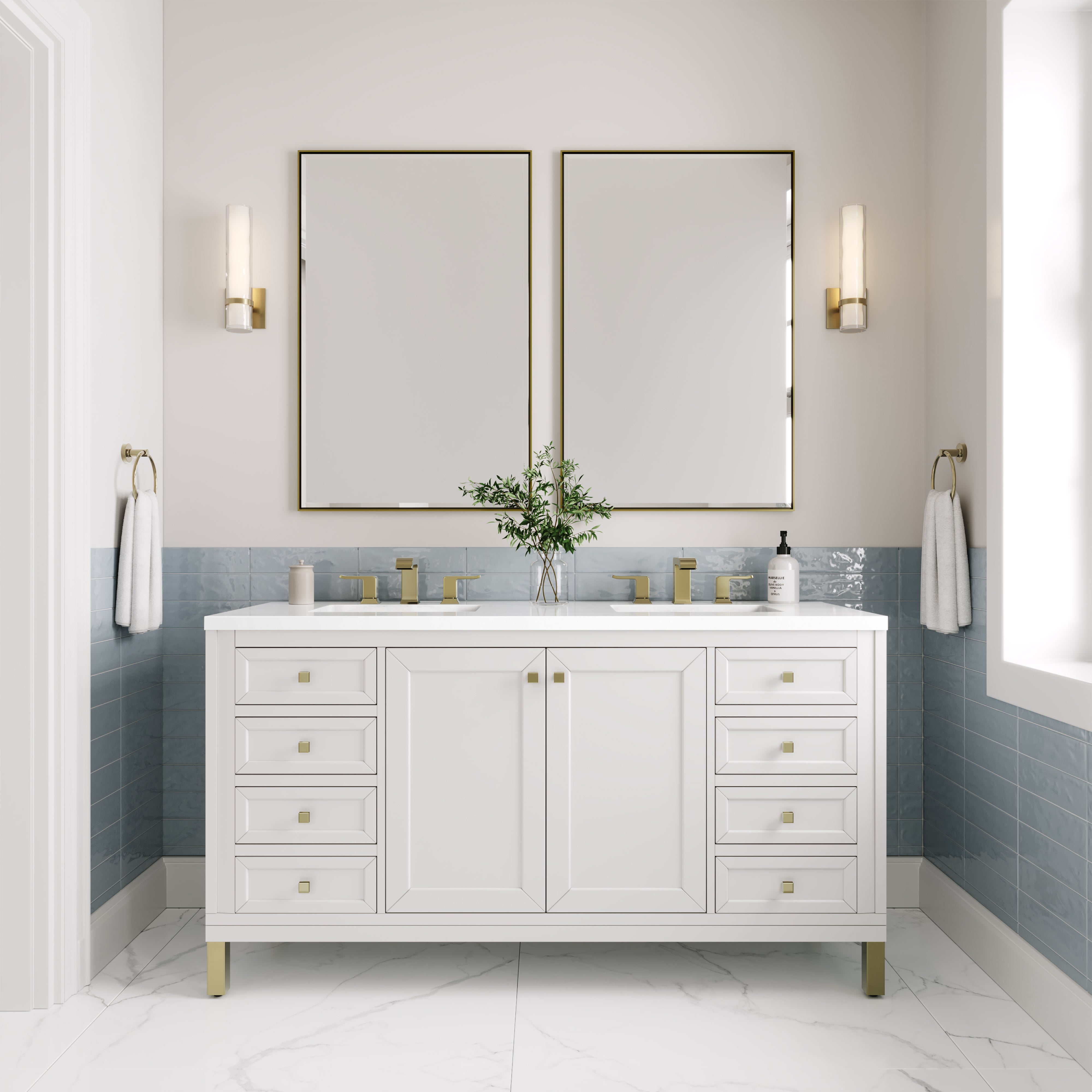 Chicago 60-Inch Double Bathroom Vanity with White Zeus Quartz Top - Glossy White Finish for Modern Bathrooms | Perfect for Master Bath, Guest Bath & Home Renovation