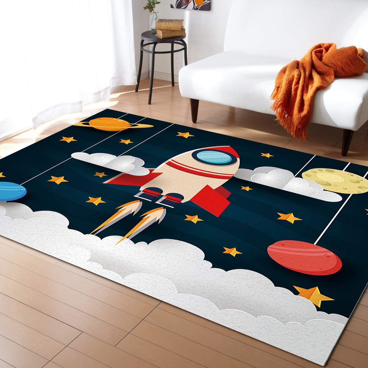 Soft Modern Kids Area Rug - Space Exploration Rocket & Spaceship Pattern - Non-Slip Nursery Rug for Boys Girls Bedroom, Playroom, Living Room - Perfect for Home Decor, Play Areas & Cozy Floor Covering