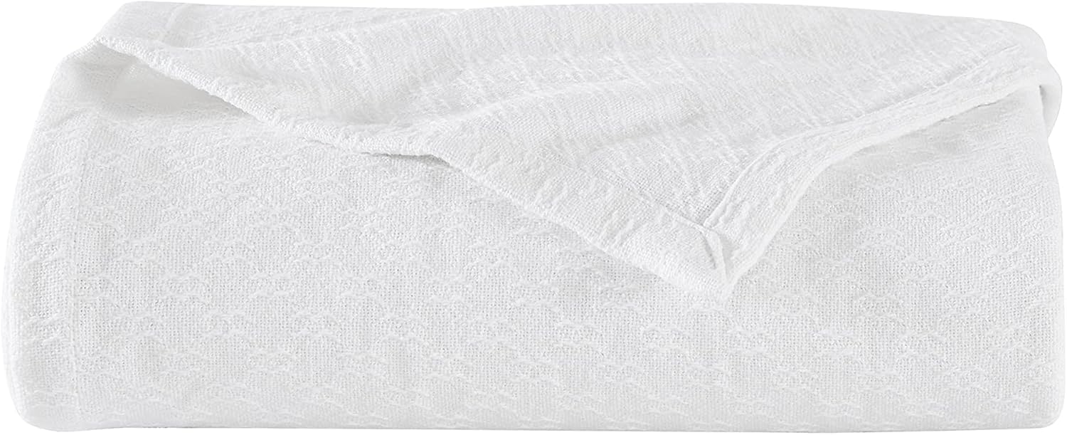 Nautica Twin Blanket - Soft 100% Cotton All-Season Bedding Set, Medium Weight (Ripple Cove White) | Cozy Home Decor for Bedroom, Living Room & Travel