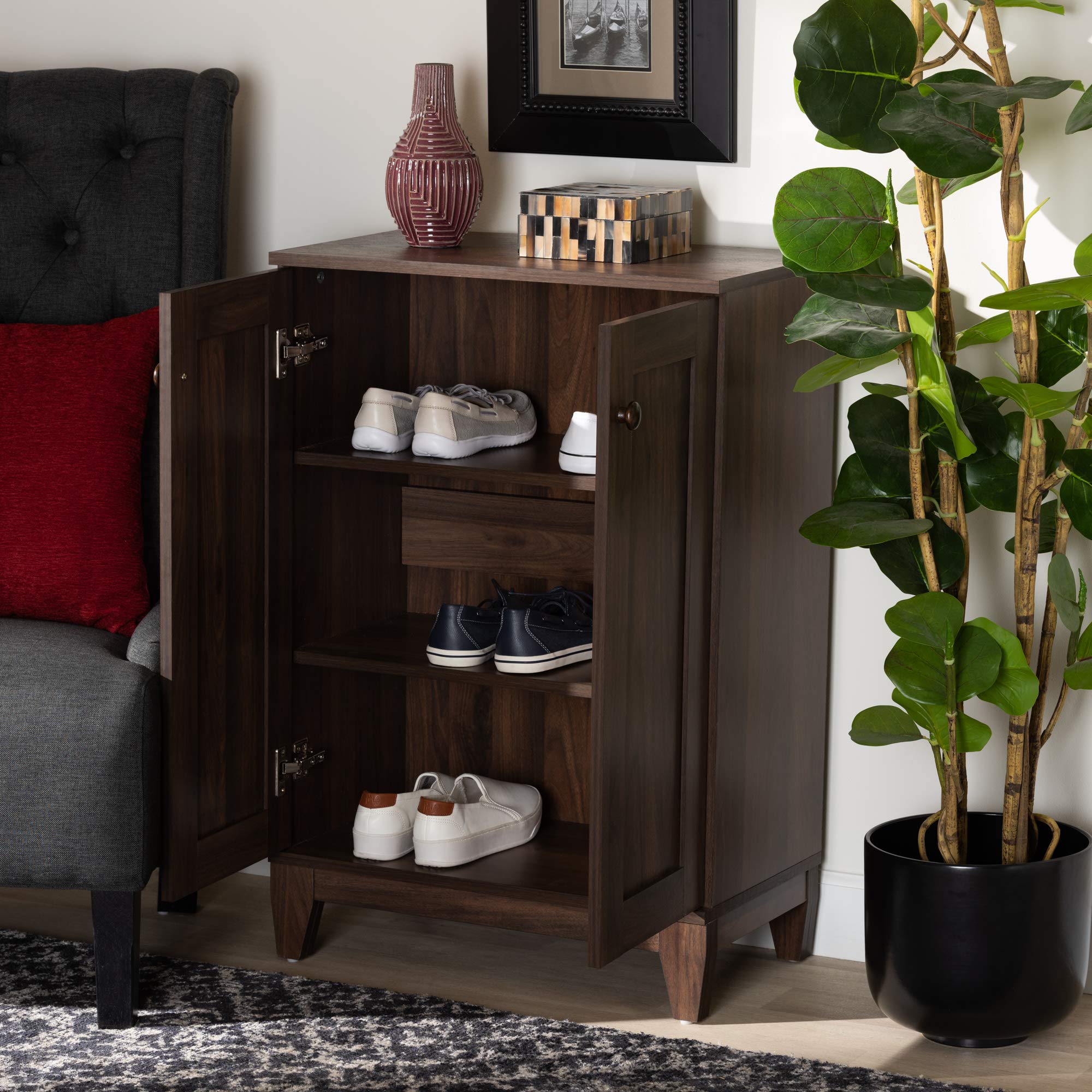 Baxton Studio Nissa Modern Walnut Brown 2-Door Shoe Storage Cabinet - Contemporary Wooden Shoe Organizer for Entryway, Bedroom & Closet Organization