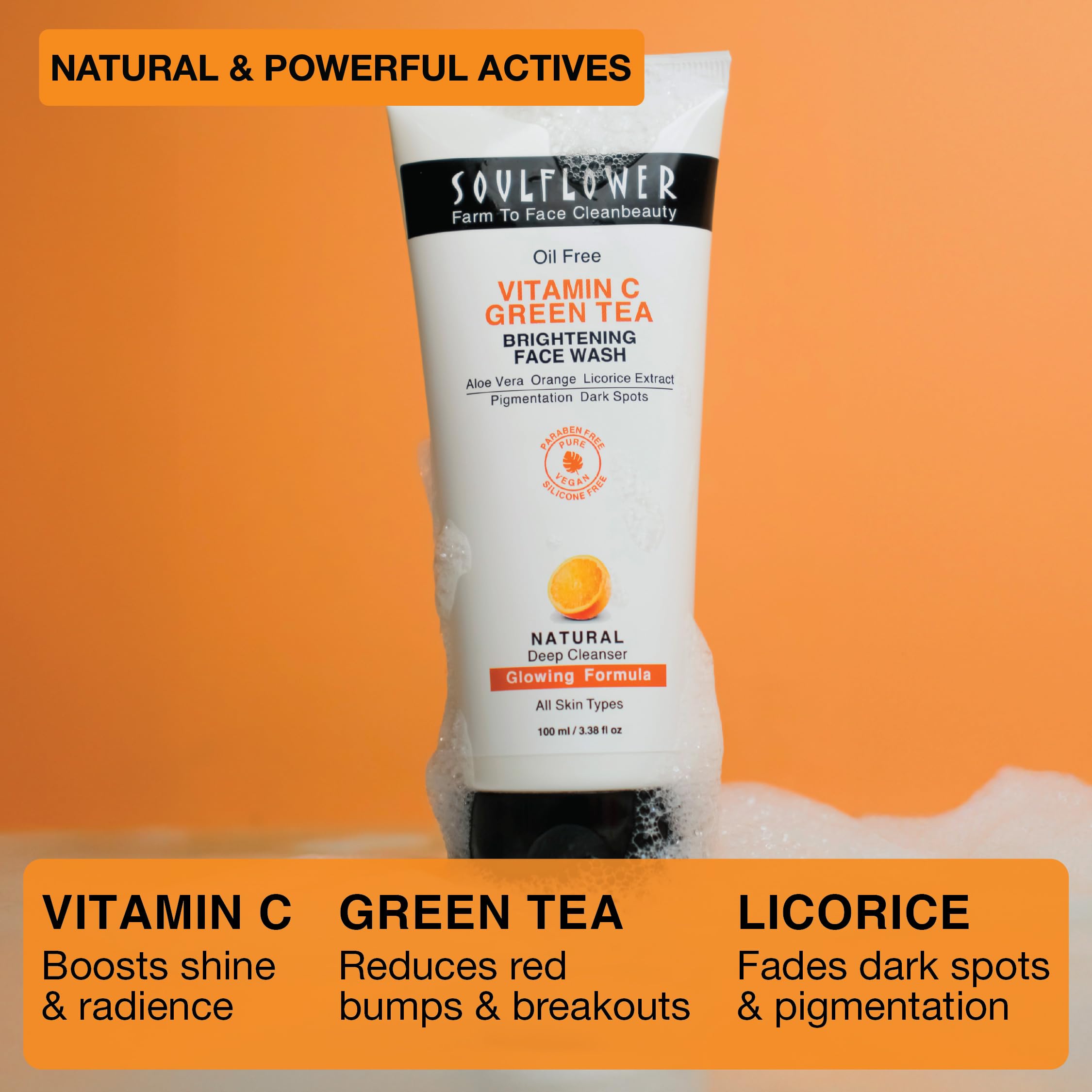Soulflower Vitamin C Face Wash for Glowing Skin - Deep Cleansing Facial Cleanser with Green Tea, Aloe Vera, Orange & Licorice Extract | 100ml | For Men & Women | Brightening, Anti-Aging & Hydrating | Perfect for Daily Skincare Routine & Acne-Prone Skin