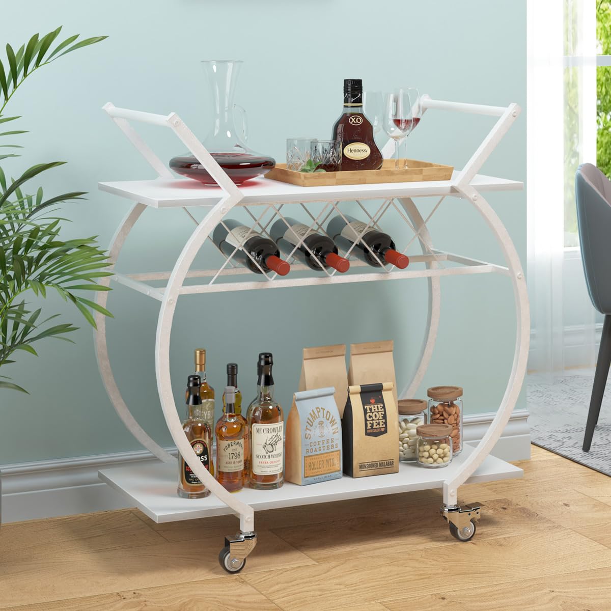 LVB White Bar Cart - Modern Rolling Serving Cart with Storage for Wine & Beverages | Industrial Wood & Metal Kitchen Island Drink Cart with Wheels | Microwave & Liquor Cart Table for Home, Dining & Living Room | White Oak Finish | Perfect for Entertaining, Parties & Small Space Storage