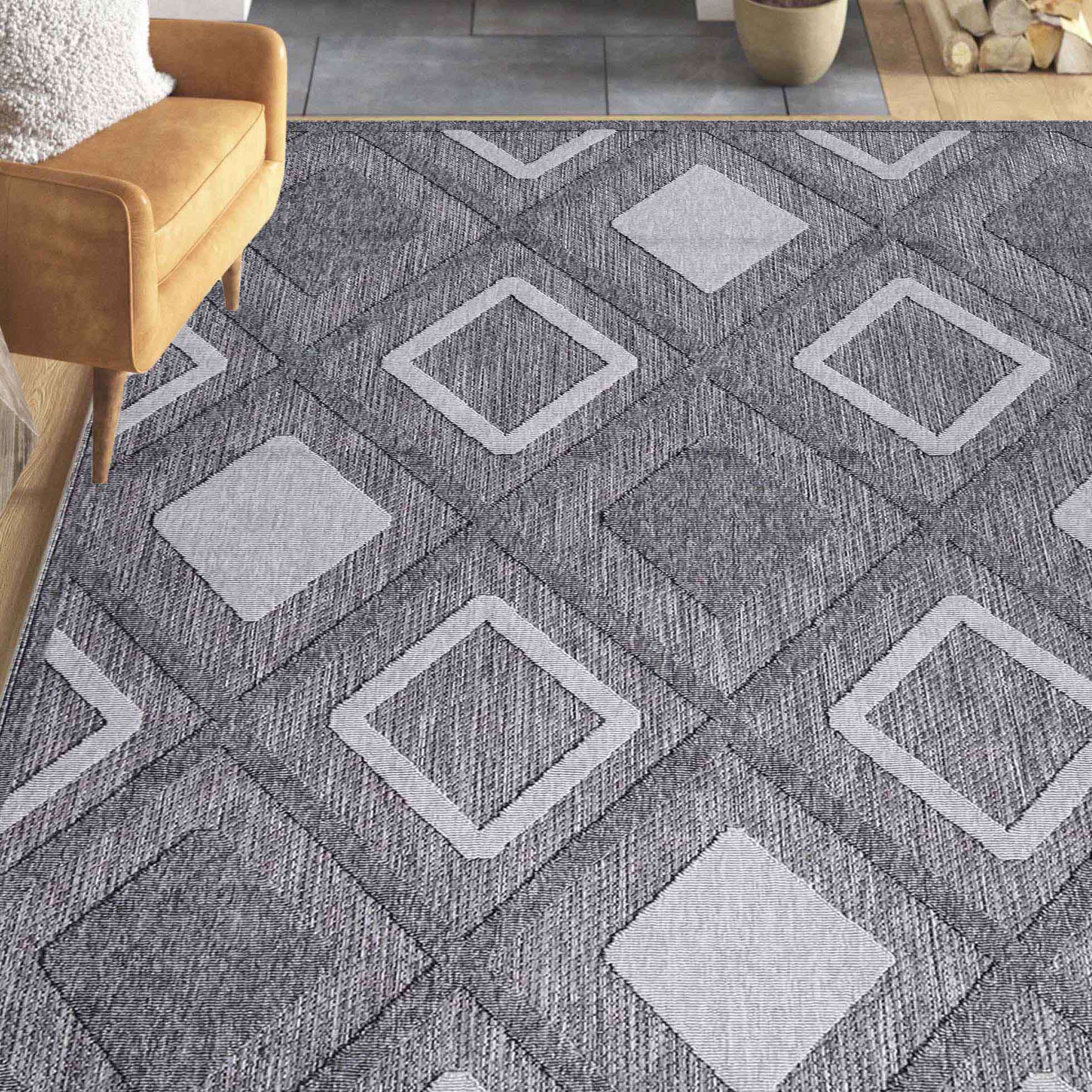 Daelyn Modern Diamond Lattice Indoor Outdoor Area Rug - Non-Slip Soft Living Room Bedroom Rug for Home Decor