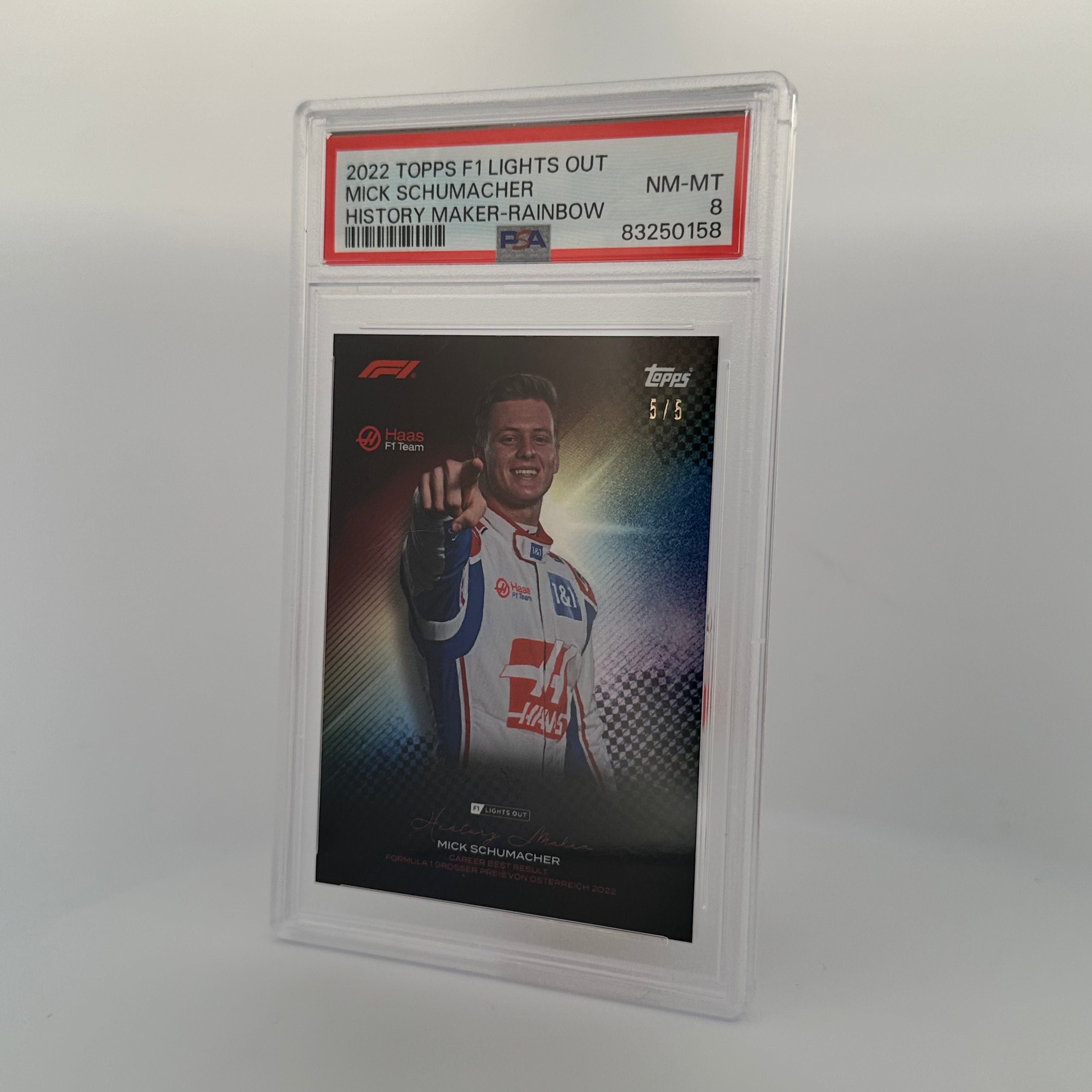 PSA 8 Mick Schumacher 5/5 History Maker Rainbow Parallel - Rare Collectible Trading Card for F1 Fans & Sports Memorabilia Enthusiasts - Perfect for Display, Investment & Racing Memorabilia Collections