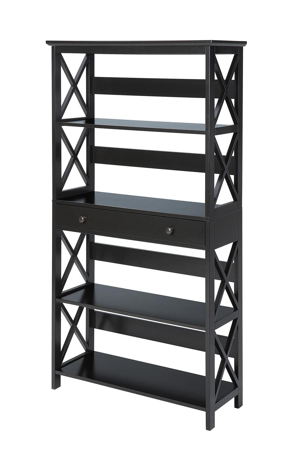 Oxford 5-Tier Bookcase with Storage Drawer - Black Wooden Bookshelf for Living Room, Bedroom & Office Organization