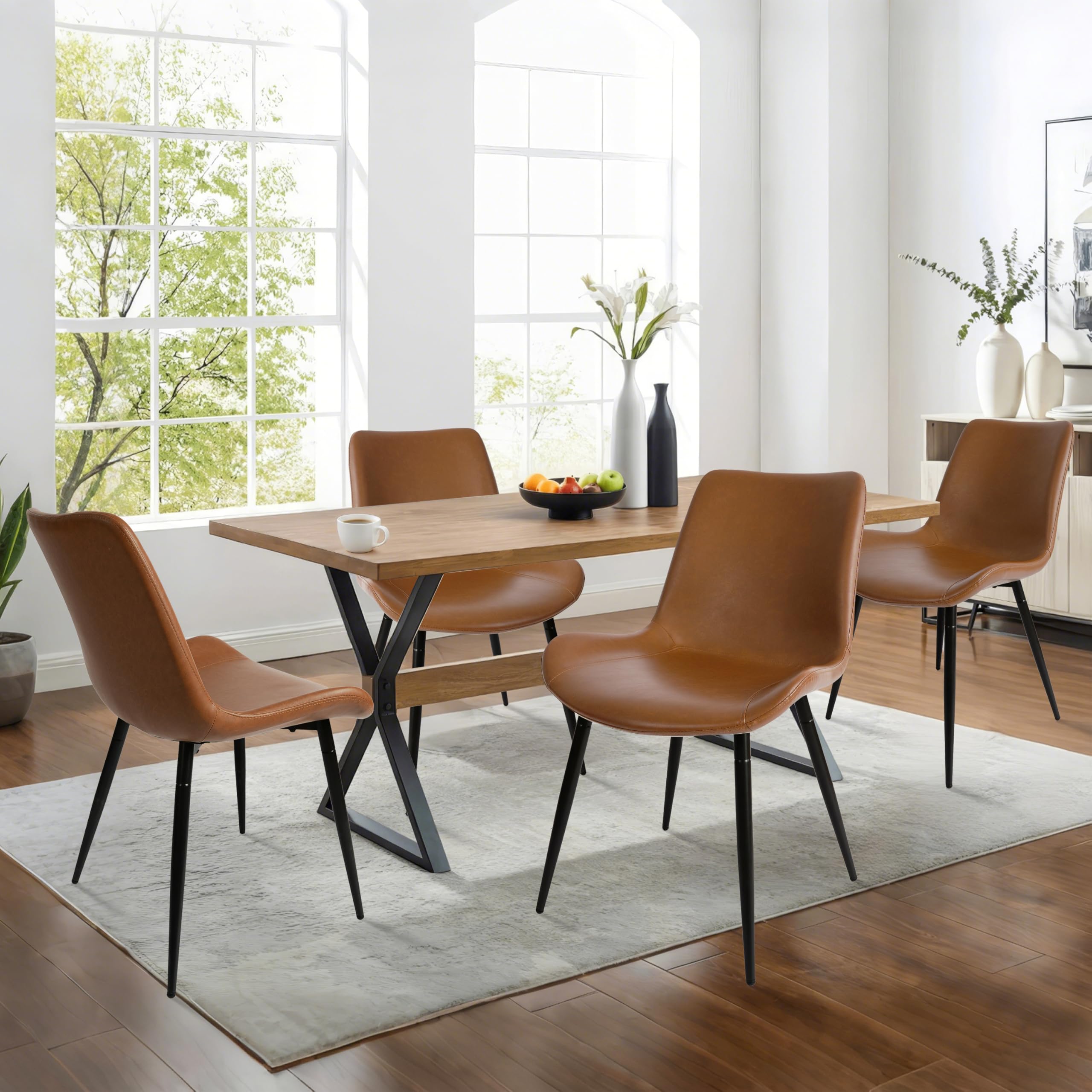Premium Brown Faux Leather Dining Chairs Set of 2 - Armless Upholstered Accent Chairs with Comfortable Back Support & Sturdy Black Metal Legs for Living Room, Restaurant, Meeting Room - Perfect for Home Dining, Office Waiting Area & Conference Spaces