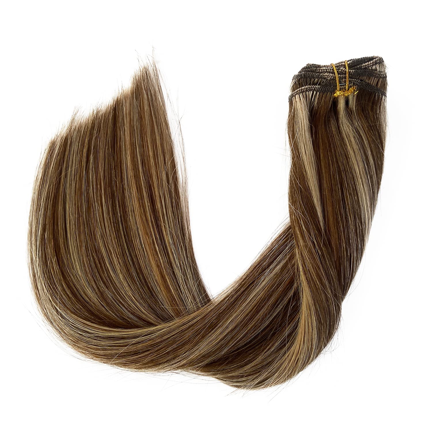 Clip In Remy Human Hair Extensions 20 Inch 7 Pieces 70g Straight Double Weft - Chocolate Brown to Caramel Blonde Highlights (#4P27) | Natural Looking Hair Extensions for Women | Perfect for Parties, Weddings & Everyday Styling