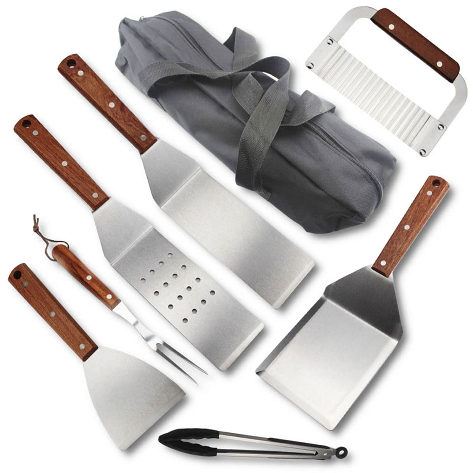 7-Piece BBQ Grill Tools Set - Stainless Steel Flat Top Grill Accessories for Camping, Outdoor Cooking & Chef Use - Includes Metal Burger Spatulas, Scraper & Carry Bag - Perfect for Backyard BBQs, Tailgating & Picnics