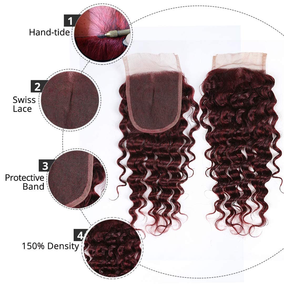 Brazilian Virgin Human Hair Bundles with 4x4 Lace Closure - 99J Deep Wave 3 Bundles Burgundy Wine Red Double Weft Hair Extensions for Styling & Volume | Perfect for Daily Wear, Parties & Special Occasions