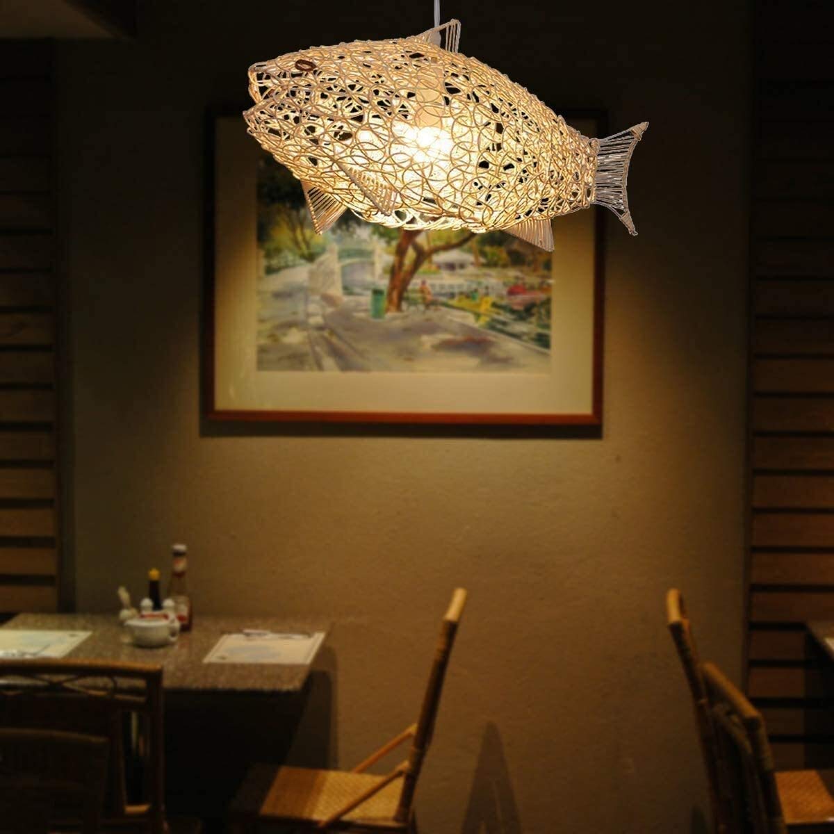 24 Inch Natural Wicker Pendant Light - Handwoven Rattan Fish-Shaped Lantern with Adjustable Cord for Ceiling, Dining Room, Living Room & Restaurant Decor | Boho, Coastal & Tropical Home Lighting
