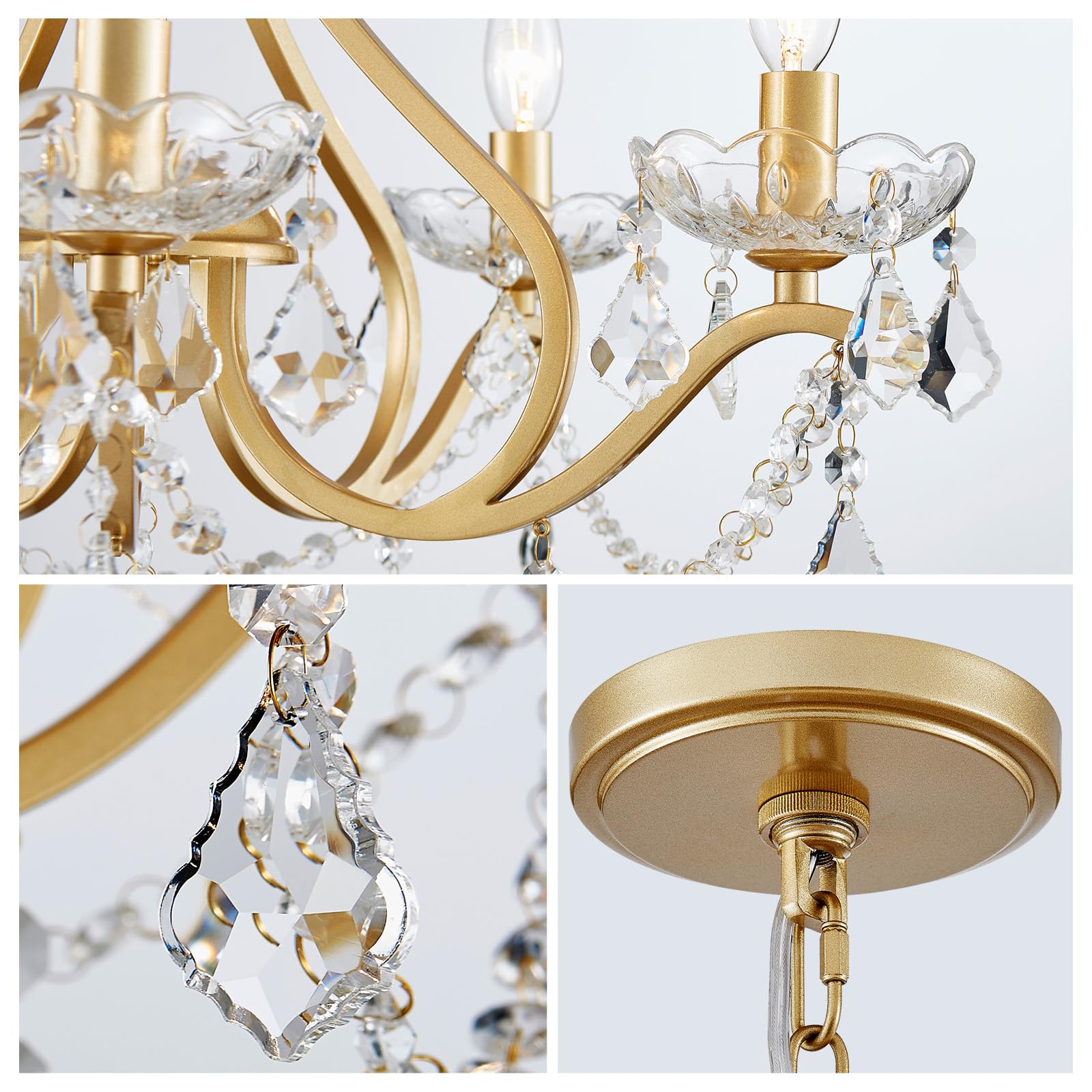 WUZUPS Modern 5-Light Crystal Chandelier Flush Mount Ceiling Light Fixture - Gold Finish, E12 Base, 20.9