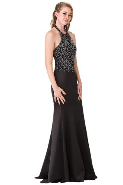 Elizabeth K GL2285 Beaded Halter Trumpet Dress Black - Elegant Formal Evening Gown for Women, XS - Perfect for Prom, Cocktail Party & Special Occasions
