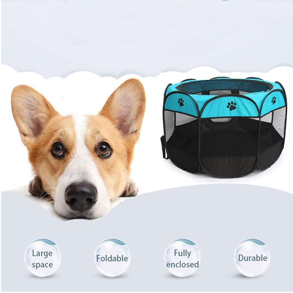 Foldable Portable Pet Playpen for Dogs & Cats - Small, Medium & Large Sizes - Indoor/Outdoor Pop-Up Kennel Tent for Travel, Camping & Home Use (Blue, 28