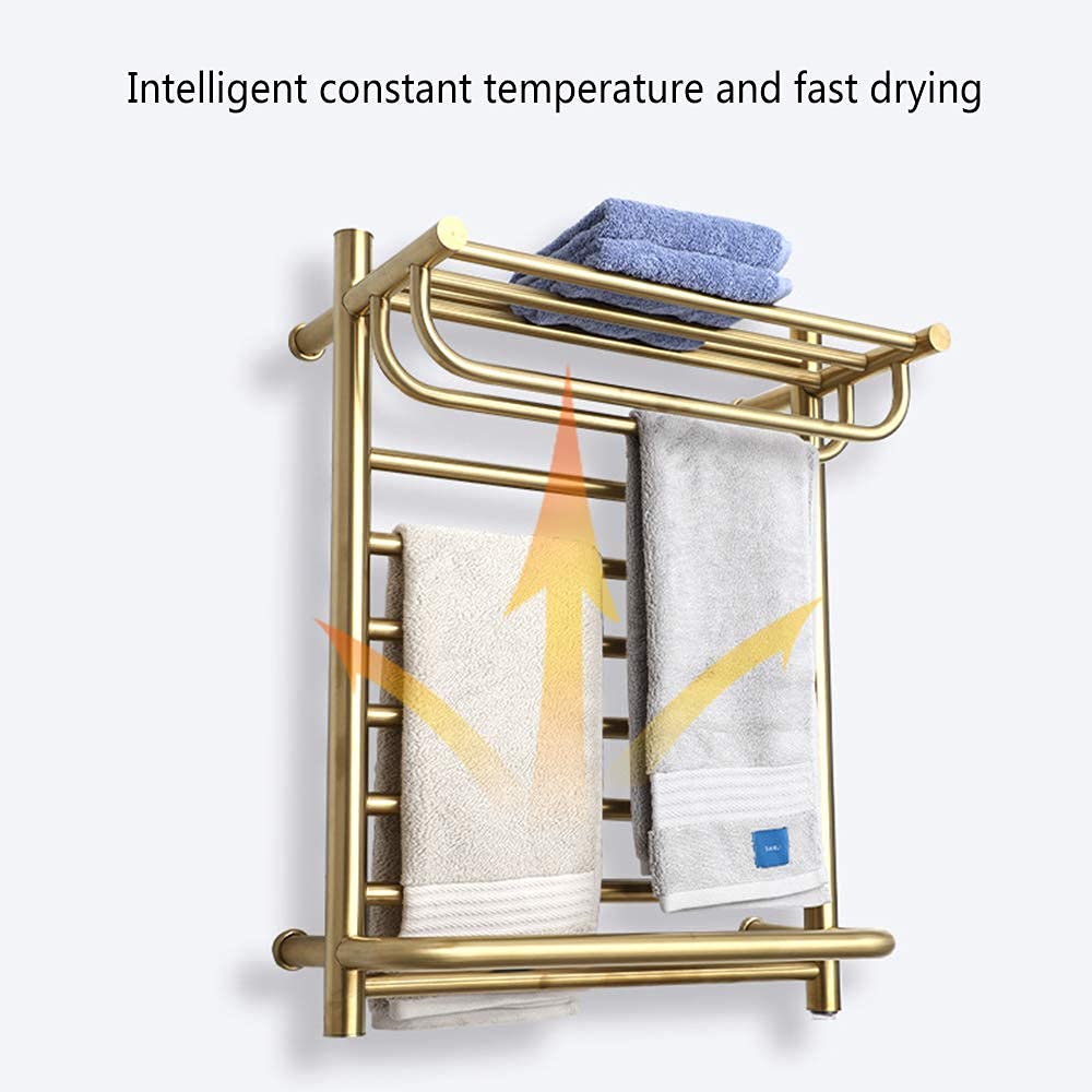 APUM Electric Heated Towel Rack - 80W Wall Mounted Bathroom Towel Warmer with 13-Hour Timer, Polished Stainless Steel (Gold Plug-in) - Perfect for Spa-Like Luxury & Cozy Bathroom Experience