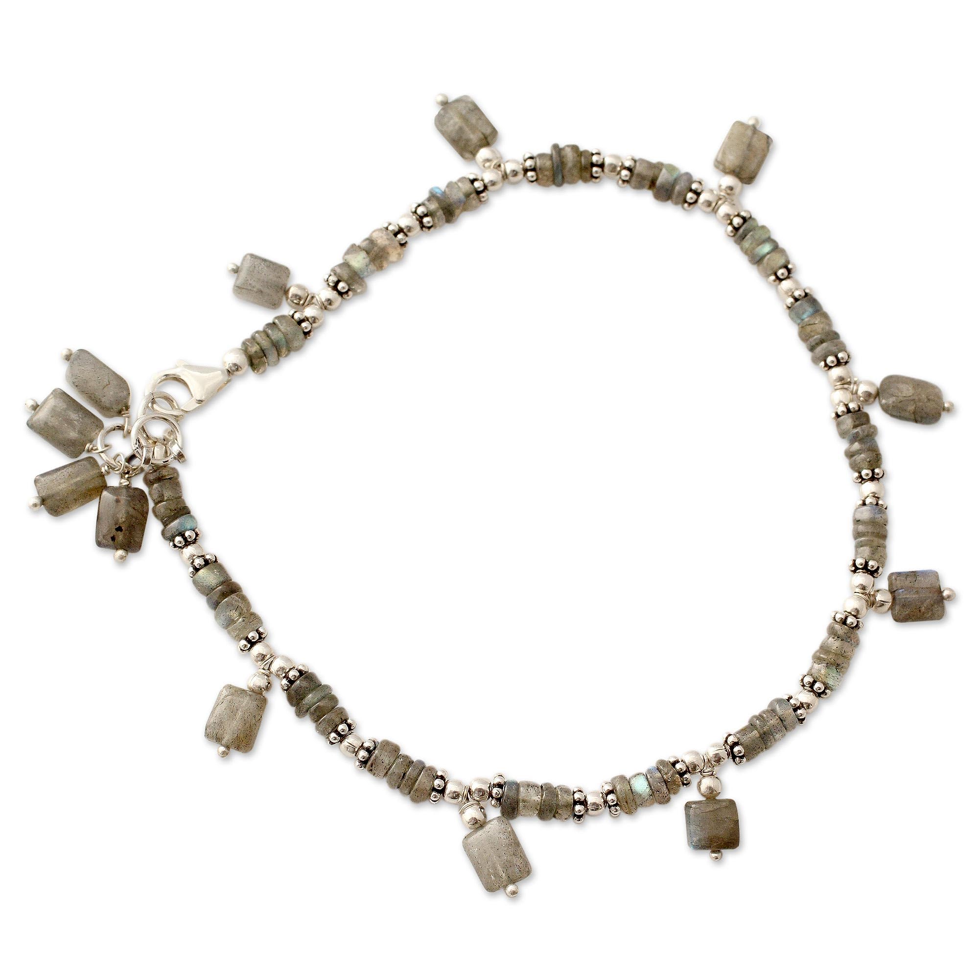 Handmade Labradorite Anklet with .925 Sterling Silver Beads - Intuitive Grey Beaded Ankle Bracelet from India | Boho Jewelry for Women, Yoga & Meditation Accessory