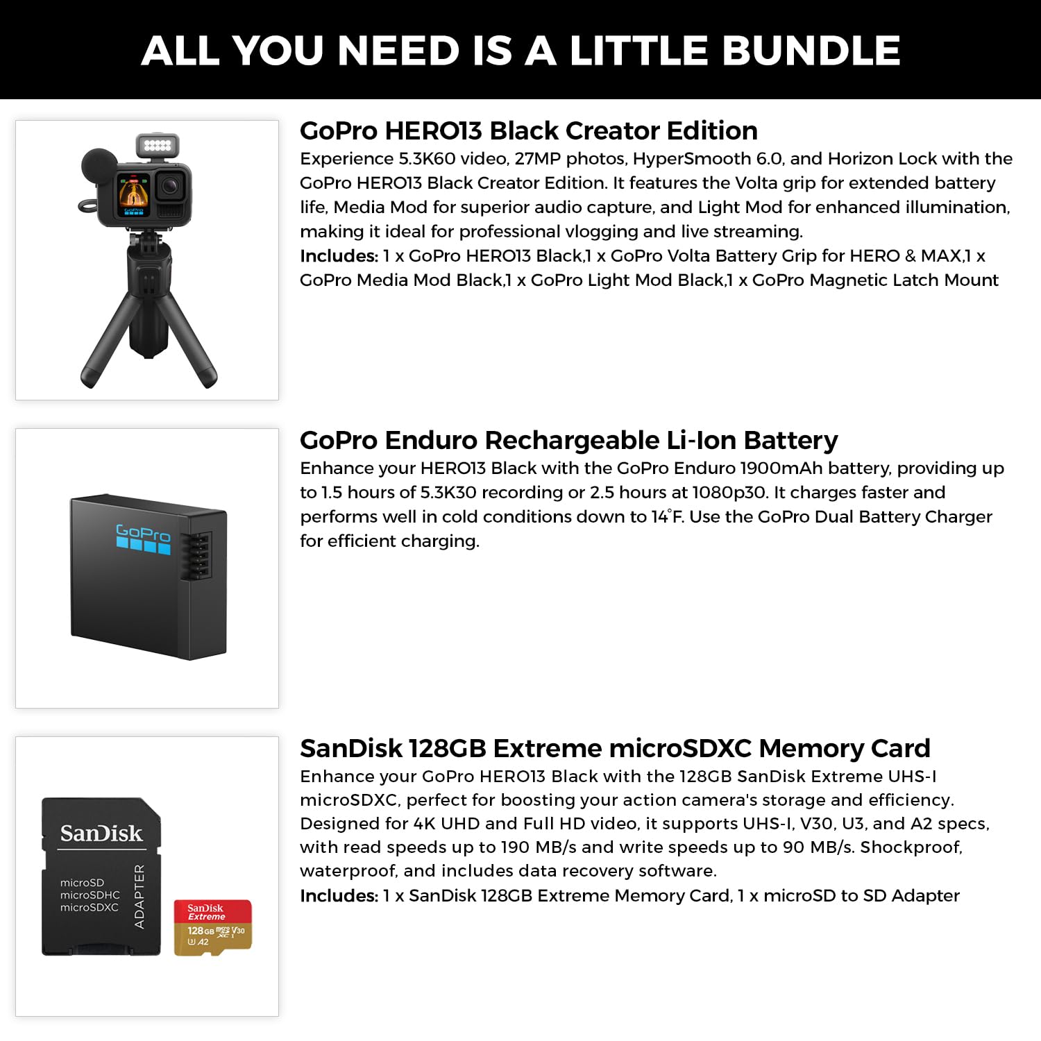 GoPro HERO13 Black Creator Edition Action Camera with Volta Grip, Tripod, Remote, Media Mod, Light Mod - Includes Extra Enduro Battery & 128GB Extreme Memory Card Bundle | Perfect for Vlogging, Travel Adventures, Sports Recording & Outdoor Activities