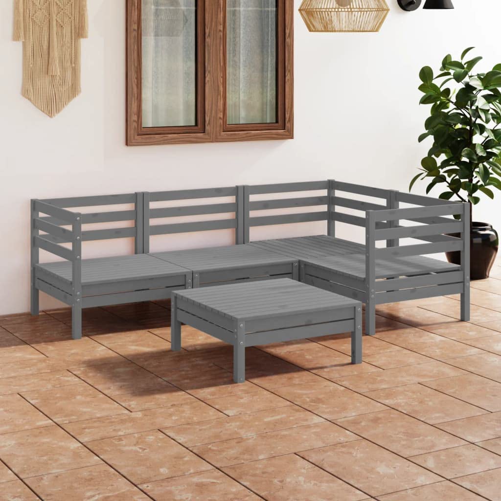 vidaXL 5-Piece Solid Pinewood Patio Lounge Set - Gray Outdoor Garden Furniture for Backyard, Terrace & Poolside Relaxation | Durable Wooden Sofa Seating with Chairs