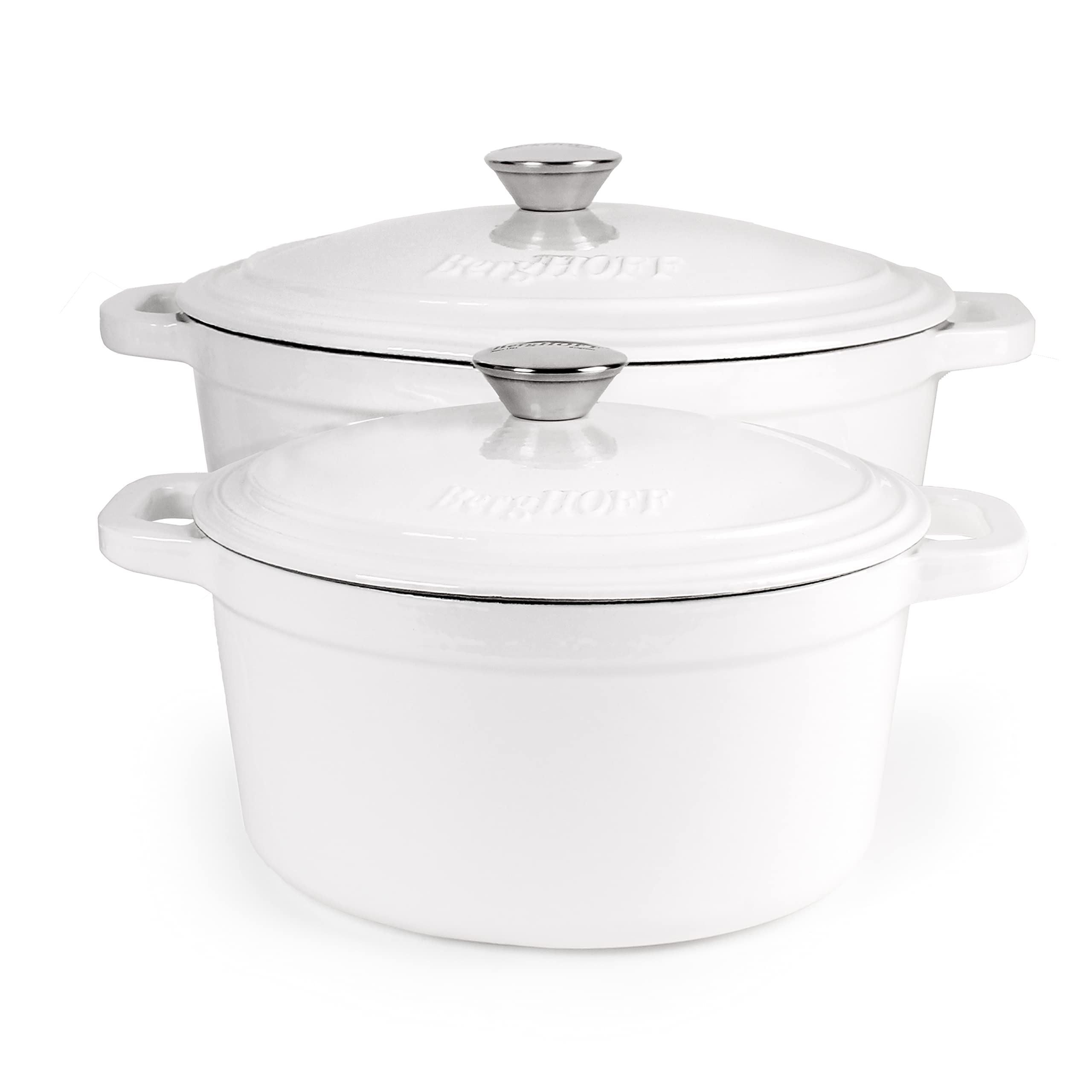 BergHOFF Neo 4-Piece Enameled Cast Iron Cookware Set – 3qt & 7qt Dutch Ovens with Matching Lid | Fast & Even Heating | Oven Safe Up to 500°F (White) | Perfect for Soups, Stews, Braising & Baking