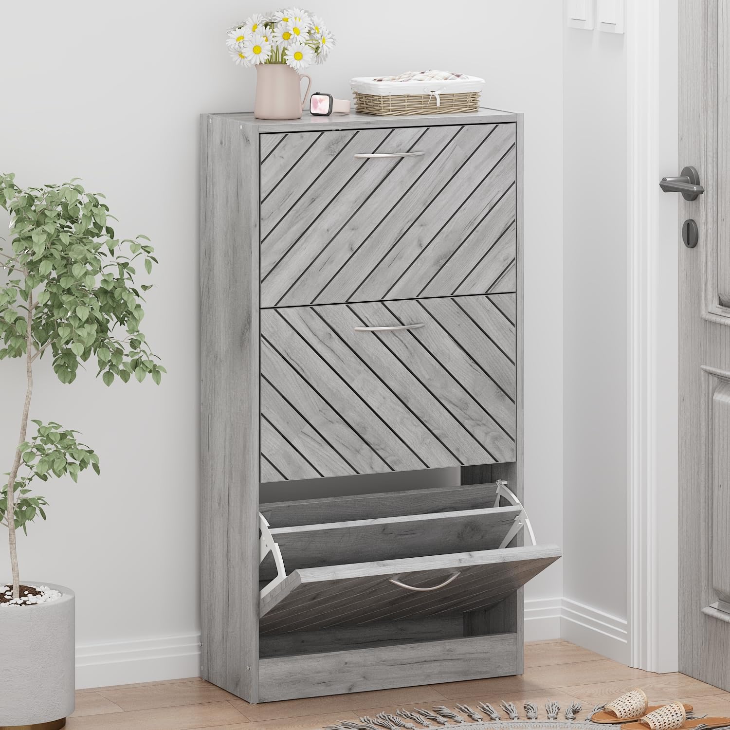 3-Tier Slim Wooden Shoe Cabinet with Flip Drawers - Space Saving Entryway Organizer, Narrow Shoe Rack with Removable Shelf & Diagonal Louver Doors (Grey) - Perfect for Small Apartments, Hallways and Closet Storage